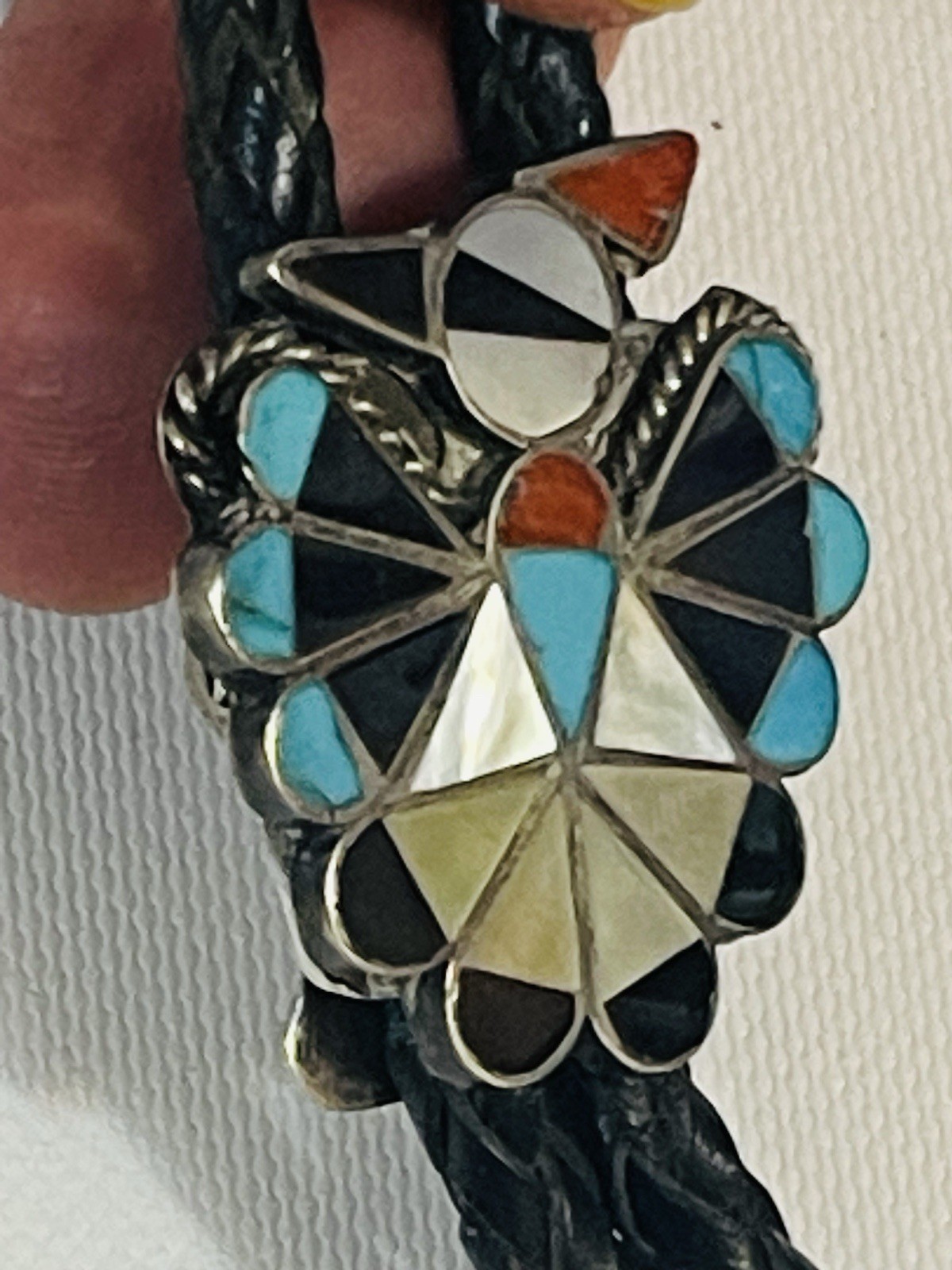 VTG Native American ZUNI STERLING SILVER MOSAIC INLAY THUNDERBIRD BOLO TIE Sign