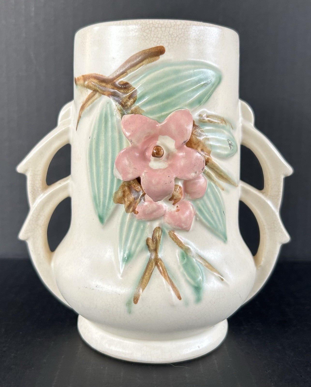 Vintage McCoy Pottery Vase Double Handled Blossom Time 1940\'s Art Deco Vintage McCoy Pottery Vase Double Handled Blossom Time 1940\'s Art Deco