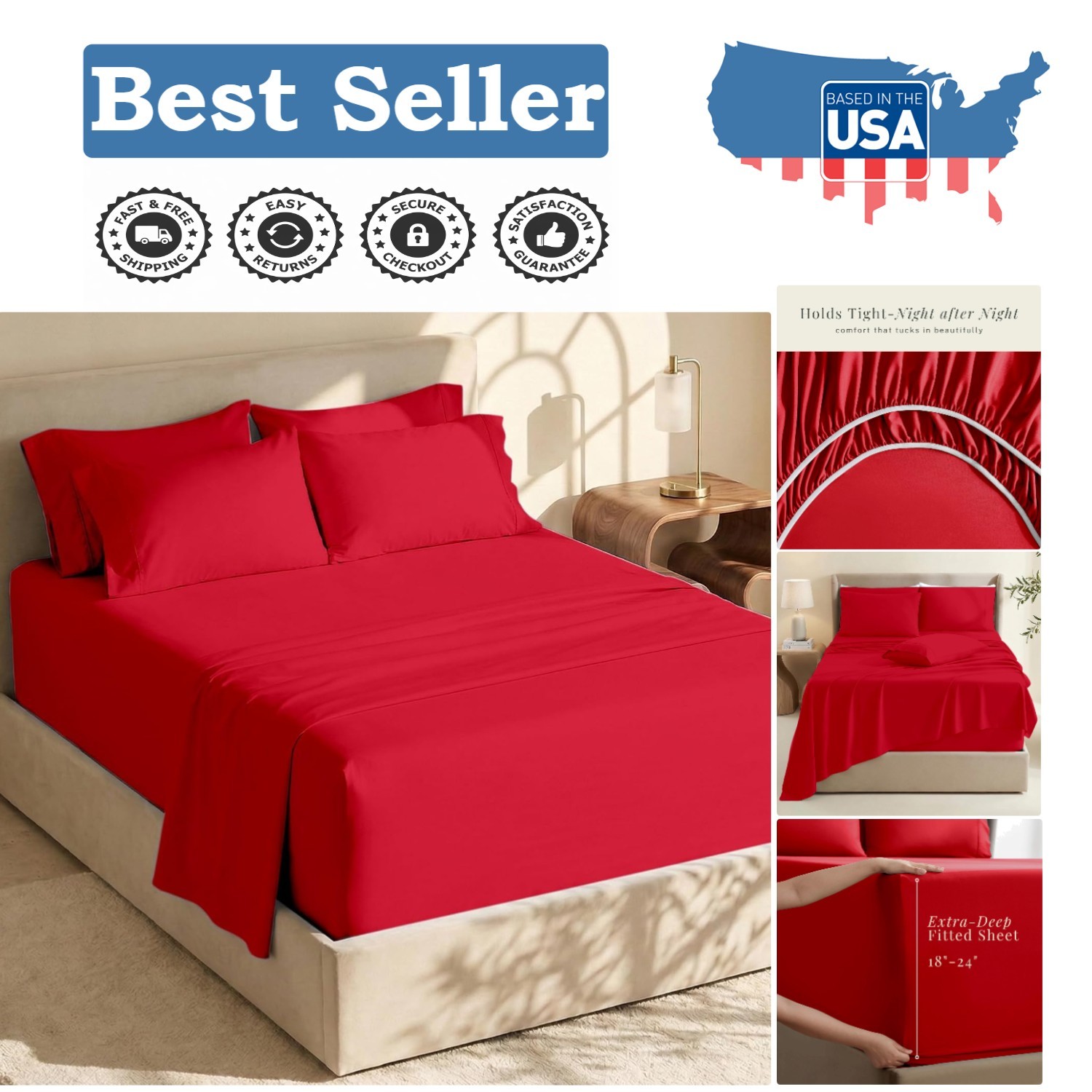 Elegant Cherry Red Queen Bedding Set - 6-Piece Microfiber, Deep Pocket Design