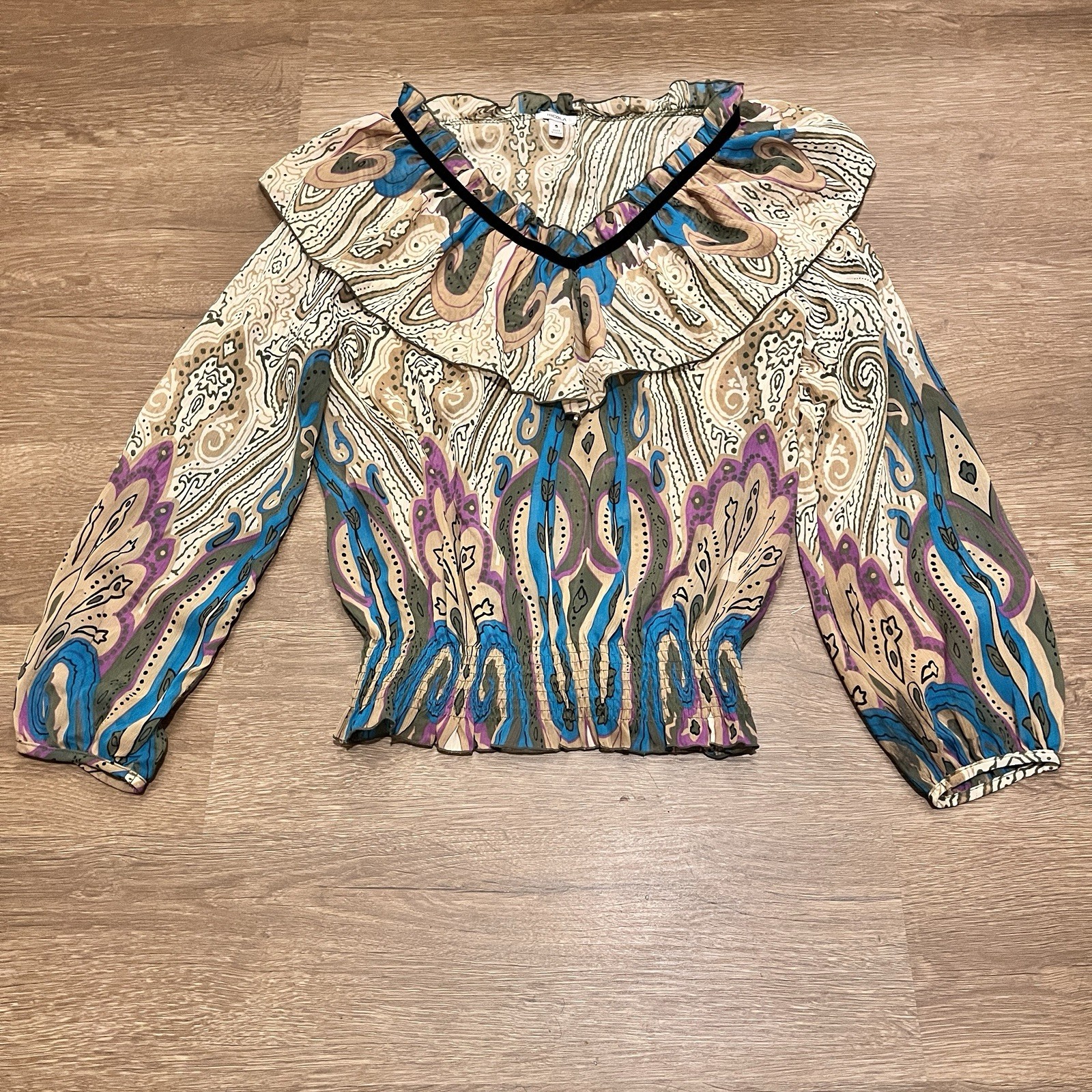 NICOLA Paisley Print Blouse | Boho Peasant Top with Velvet Tie | Size S