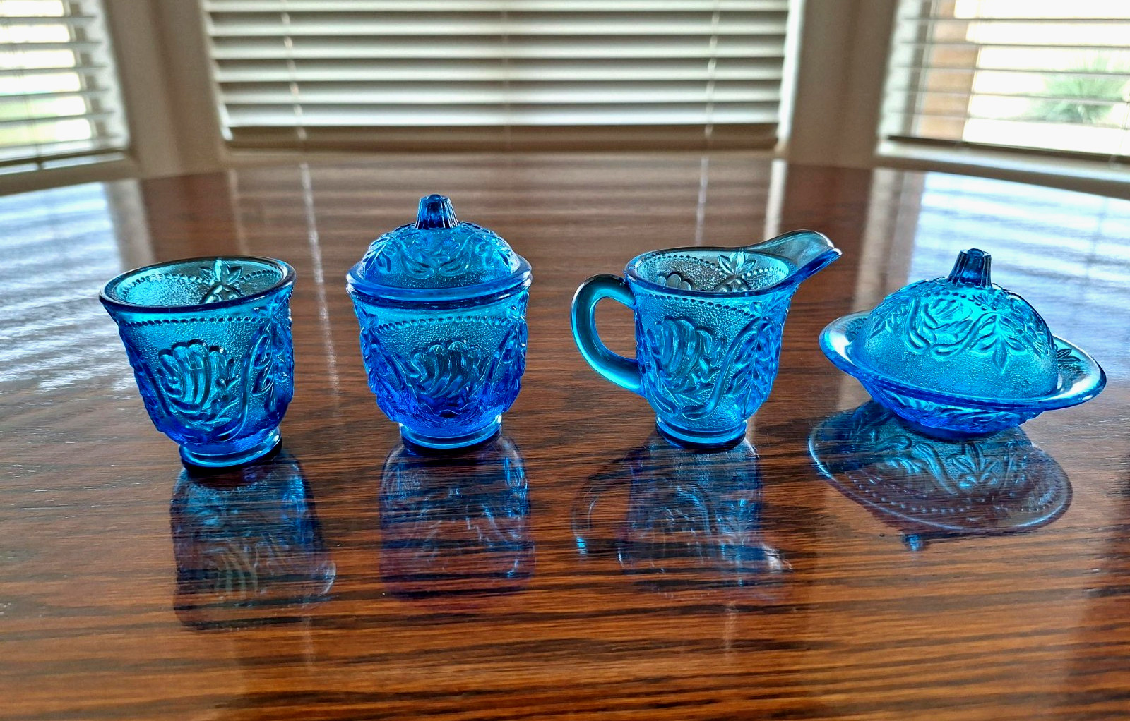 Antique EAPG Childs Toy Stippled Vine & Beads  Blue Table Set