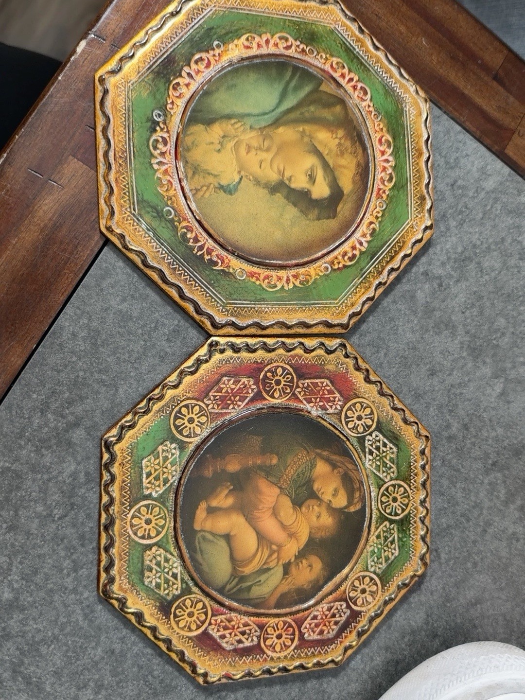 Vintage Italian Florentine Madonna Child Wall Plaques Pair Gilt Wood Made Italy