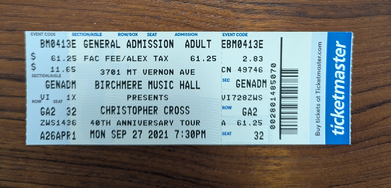 2021 Christopher Cross @ The Birchmere Ticketmaster Ticket Stub