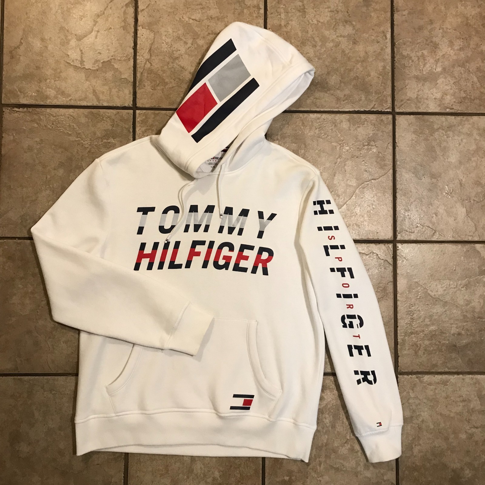 Men\'s Rare Vintage Tommy Hilfiger 85 Reflective Flag Hoodie -Size L Men\'s Rare Vintage Tommy Hilfiger 85 Reflective Flag Hoodie -Size L
