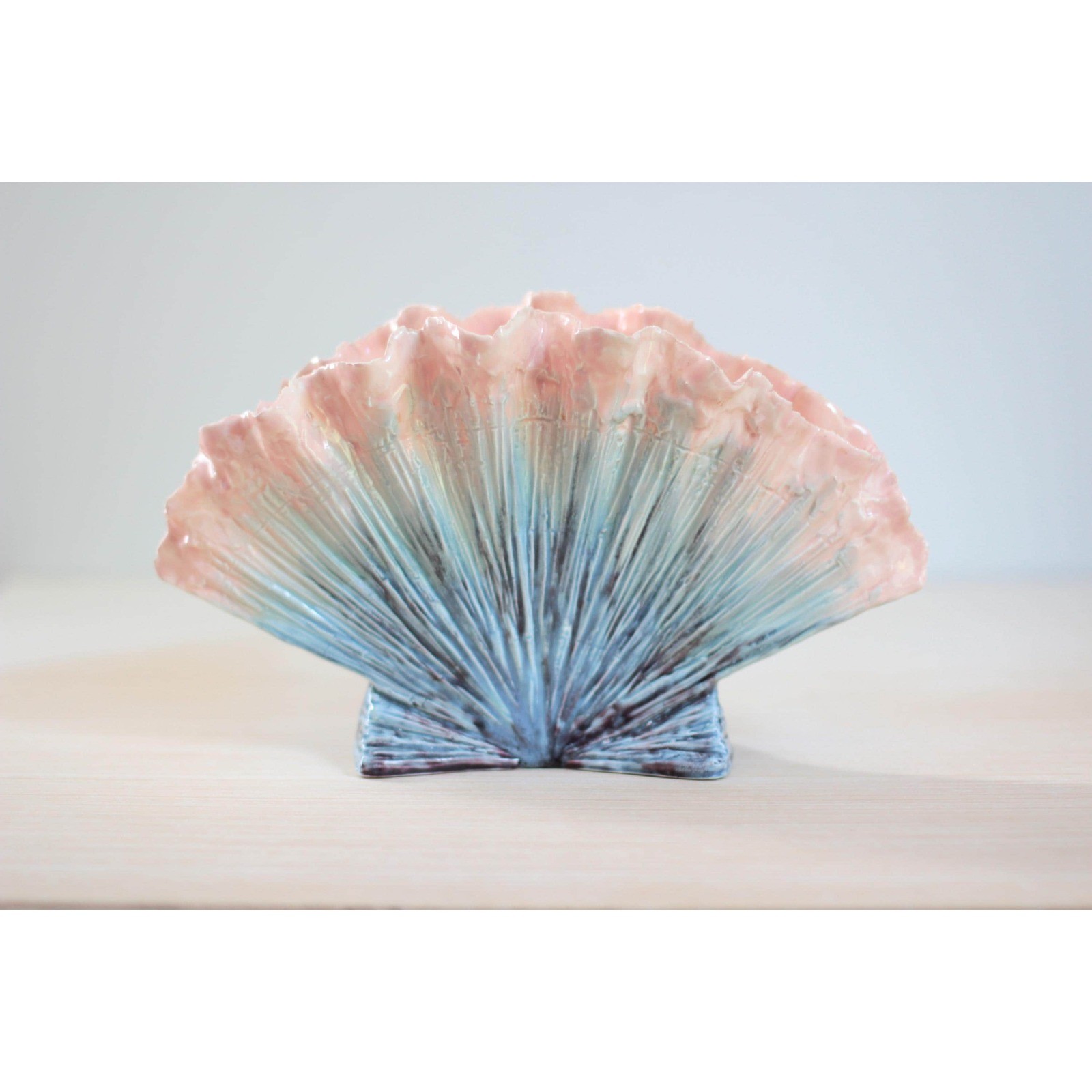 Mid-Century Signed Hedi Schoop Seashell Vase Blue Pink Glaze Hollywood-Regency