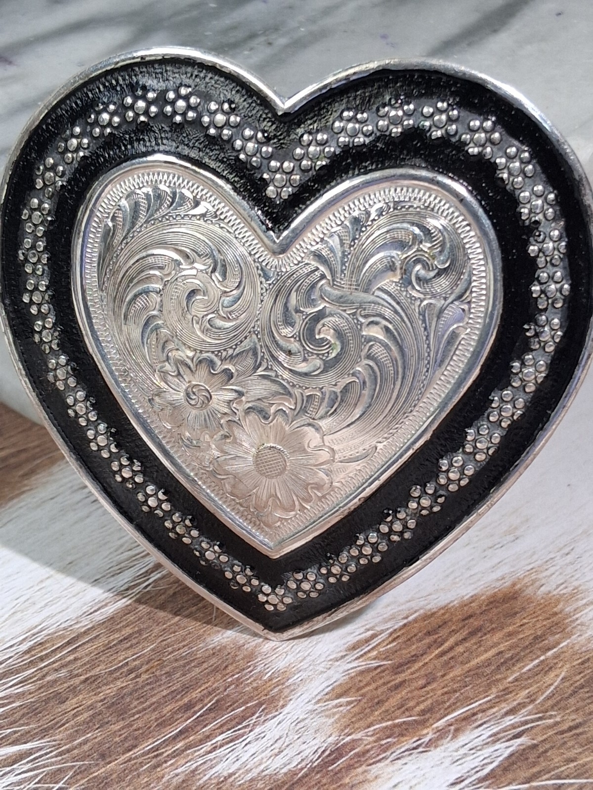Vintage Belt Buckle  Montana silversmiths heart silver plate Cowgirl Rodeo