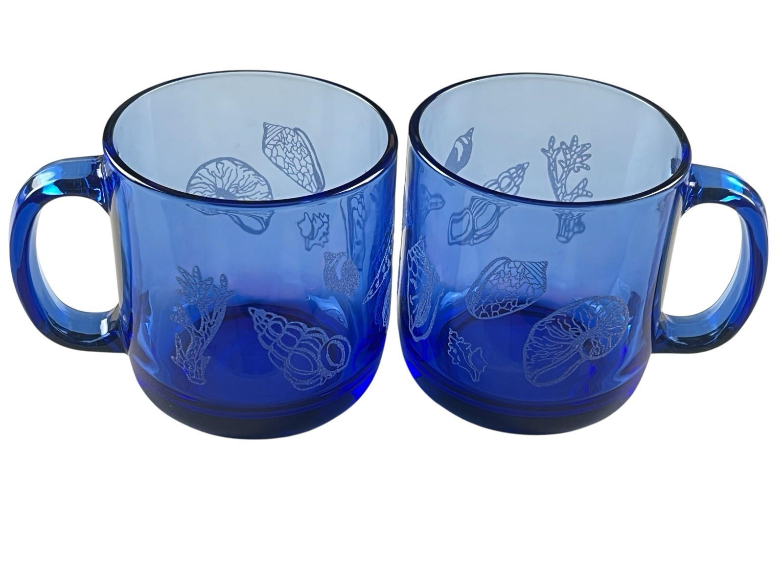 Vintage Cobalt Blue Glass Mugs Metallic Seashell Coral Coastal Set of 2 Vintage Cobalt Blue Glass Mugs Metallic Seashell Coral Coastal Set of 2