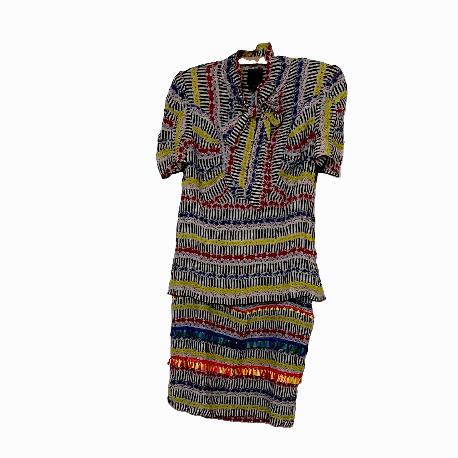 Anna Sui 100% Silk 2 Piece Set Size 12 Blouse Skirt Raffia Trim Boho Anna Sui 100% Silk 2 Piece Set Size 12 Blouse Skirt Raffia Trim Boho