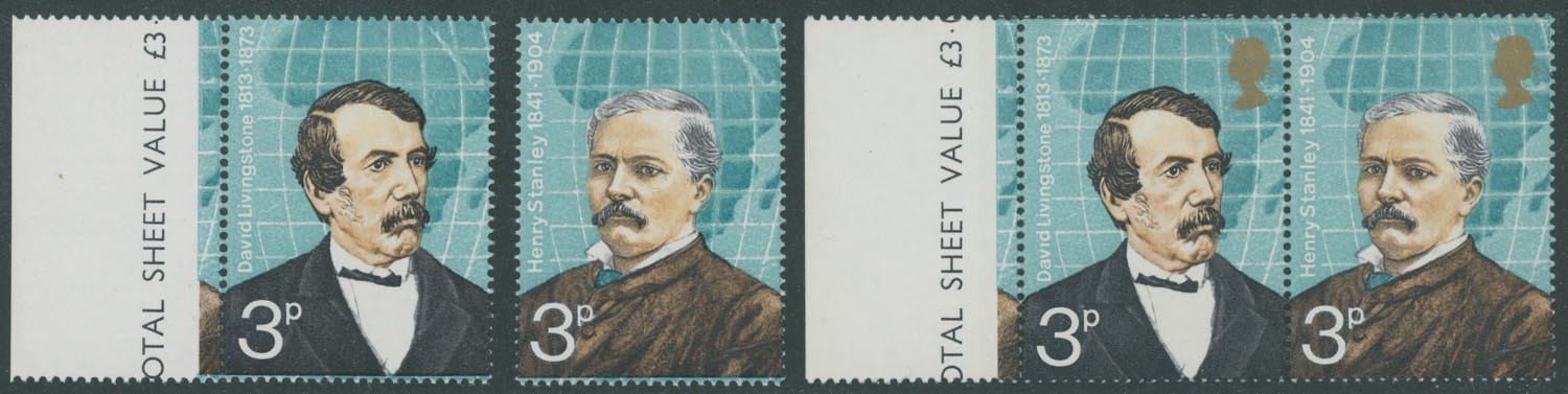 1973, GREAT BRITAIN LIVINGSTONE & STANLEY, GOLD COLOR OMITTED, NH, SG#923b-24b