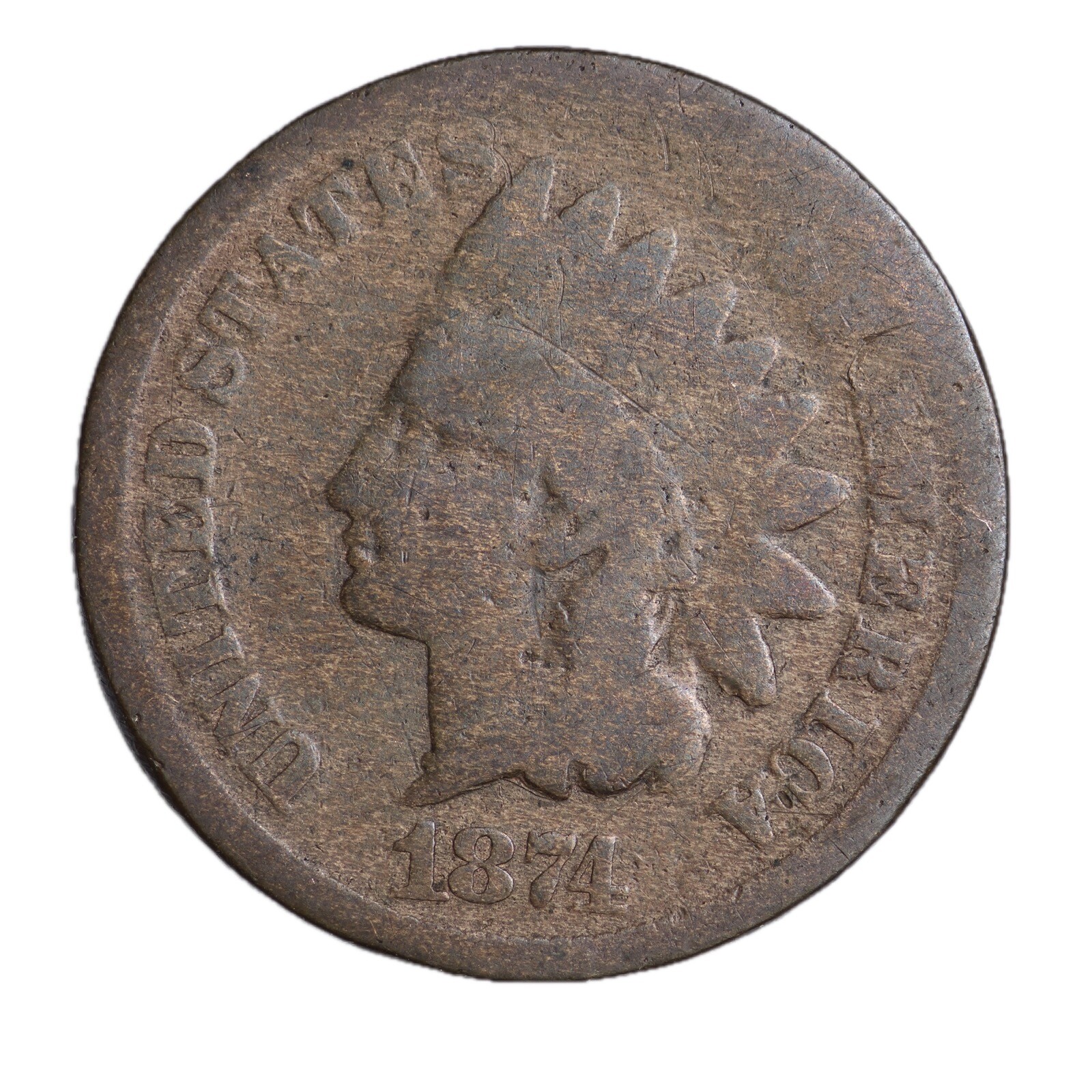 1874 FULL DATE Indian Head Cent Penny ABOUT GOOD = 1874 FULL DATE Indian Head Cent Penny ABOUT GOOD =