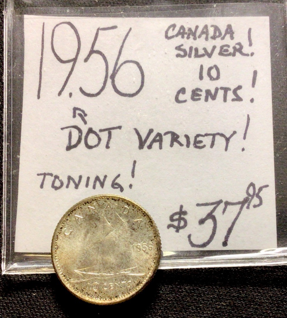 1956 Canada Silver 10 Cent Dot Variety Toning ENN Coins 1956 Canada Silver 10 Cent Dot Variety Toning ENN Coins