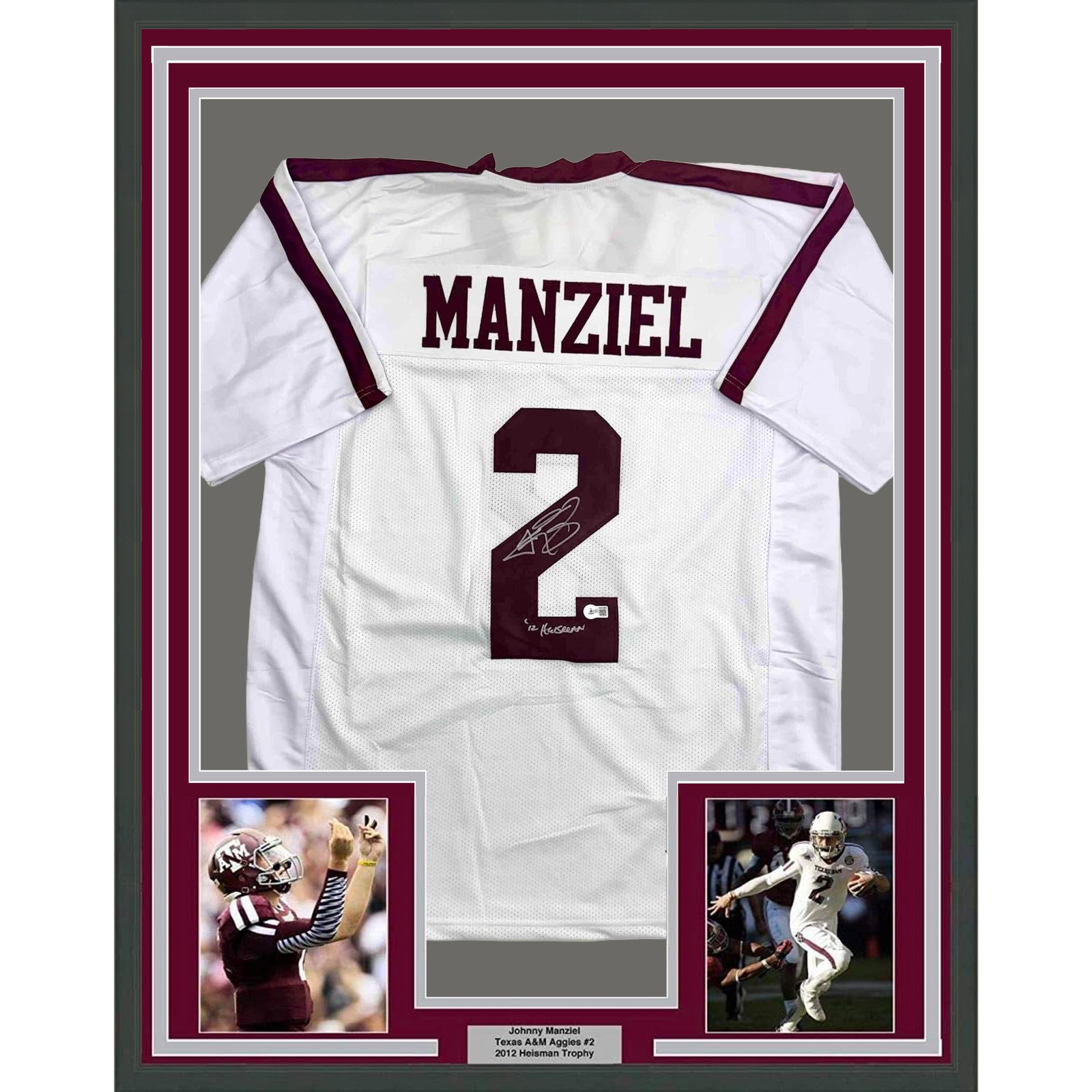 Framed Autographed/Signed Johnny Manziel 12 HT 35x39 A&M White Jersey JSA COA