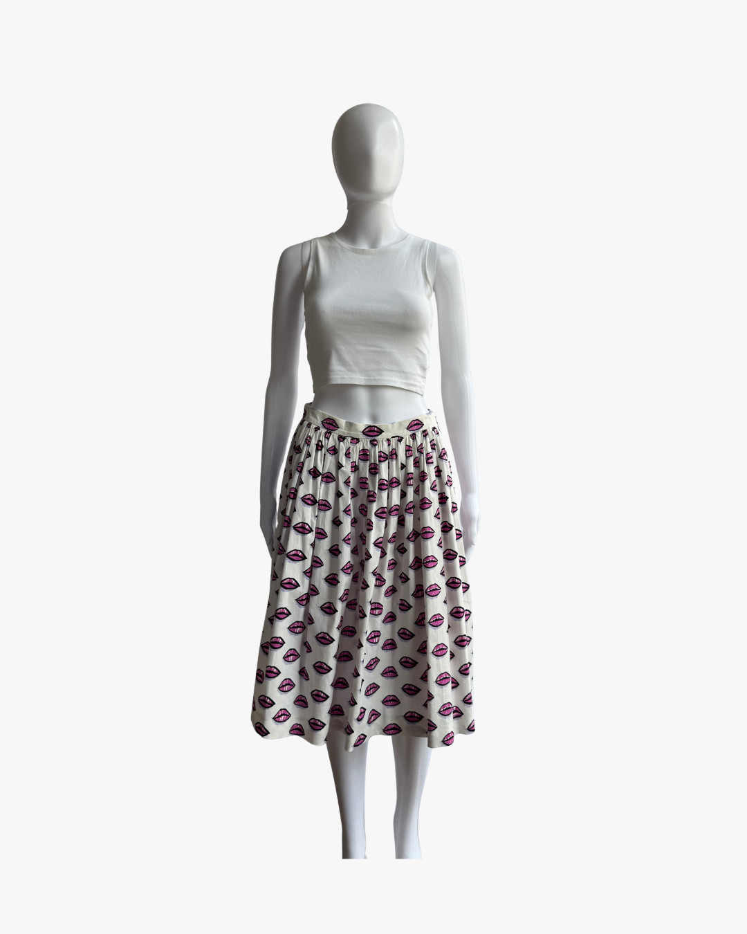 Prada S/S 2017 Lip Print Cotton Poplin Pleated Midi Skirt