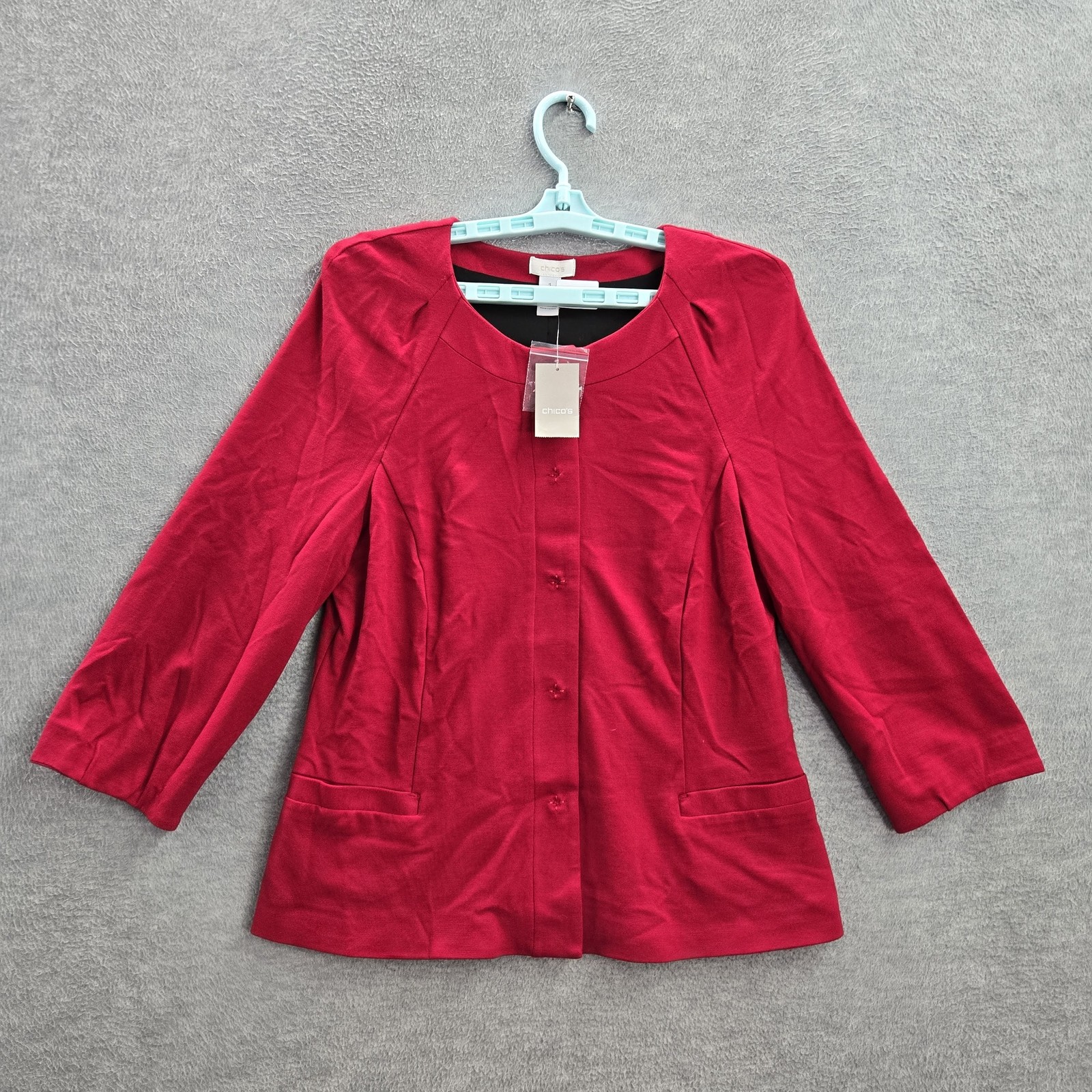 Chico\'s Women Jacket 1 Red Travelers Coll Ponte Pearl Rouge 3/4 Sleeve NWT