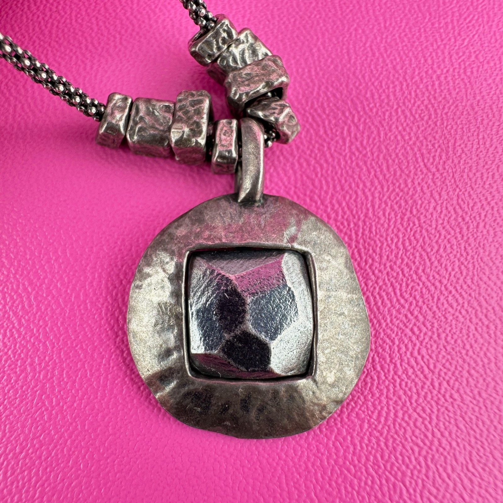 Vintage 925 Israel Pendant Necklace Megiddo Brutalist Hammered Round Sterling