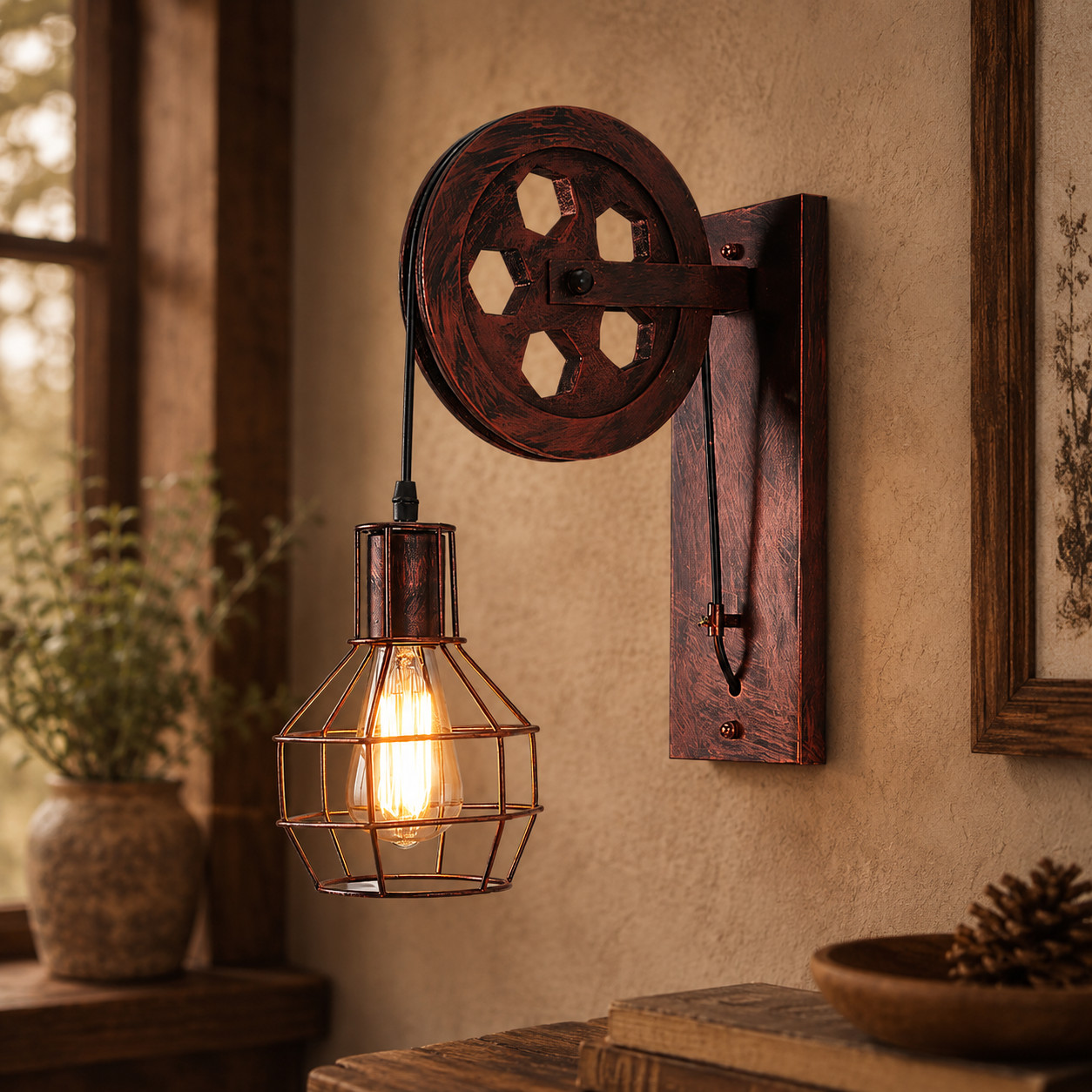 Pulley Wall Sconce, Industrial Wall Lamp, Rustic Loft Light, Vintage Cage