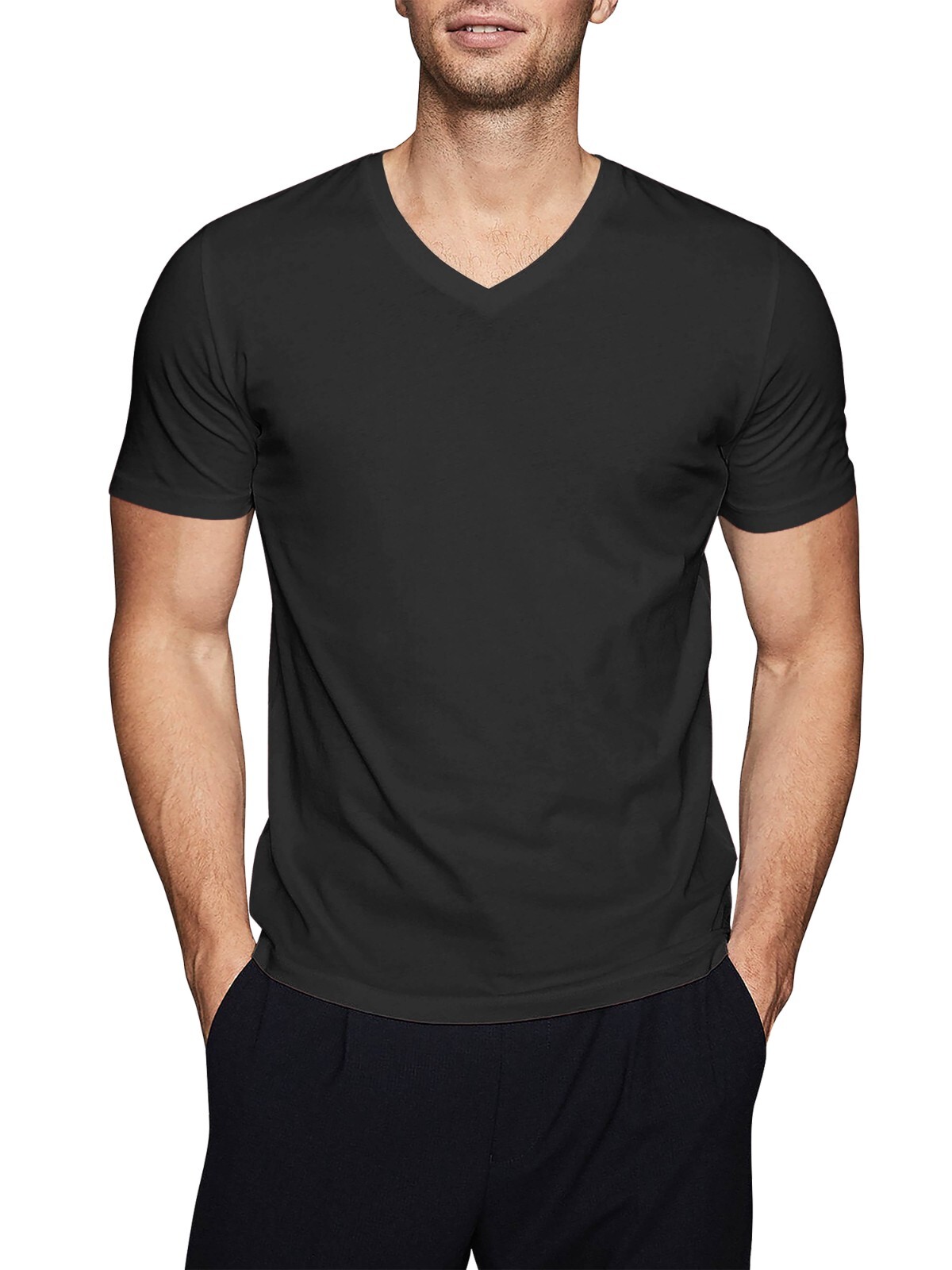 Mens V Neck T Shirt Short Sleeve Slim Fit Casual Plain Tee Top Soft Cotton