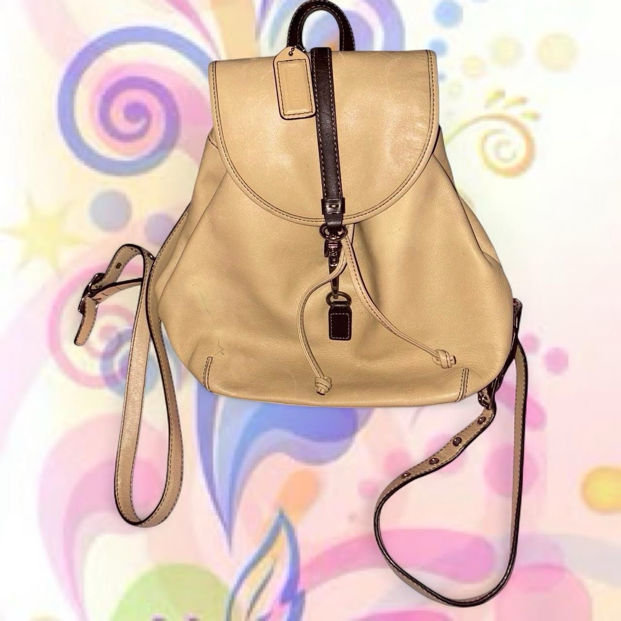 RARE VTG Y2K Coach Beige Drawstring Mini Legacy Leather Backpack Bag, EUC