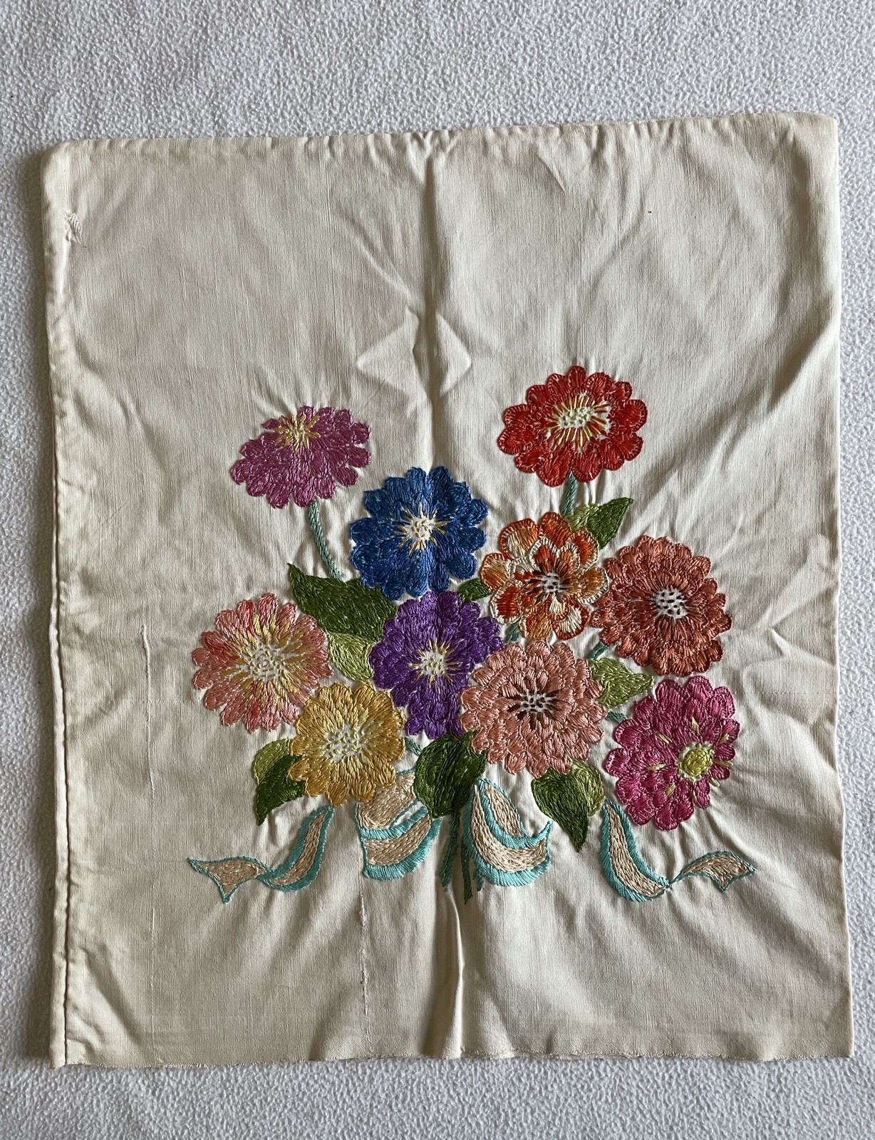 Hand Stitched Vintage 1940s Cushion Cover Zinnia Flower Bouquet Cottagecore