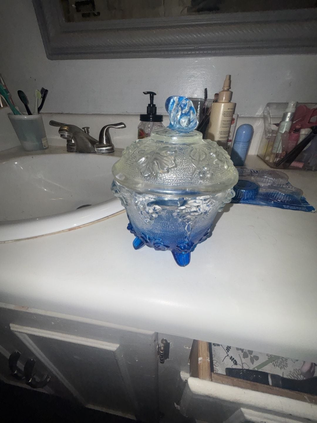 Jeannette Glass Vintage Blue Thumbprint Candy Dish