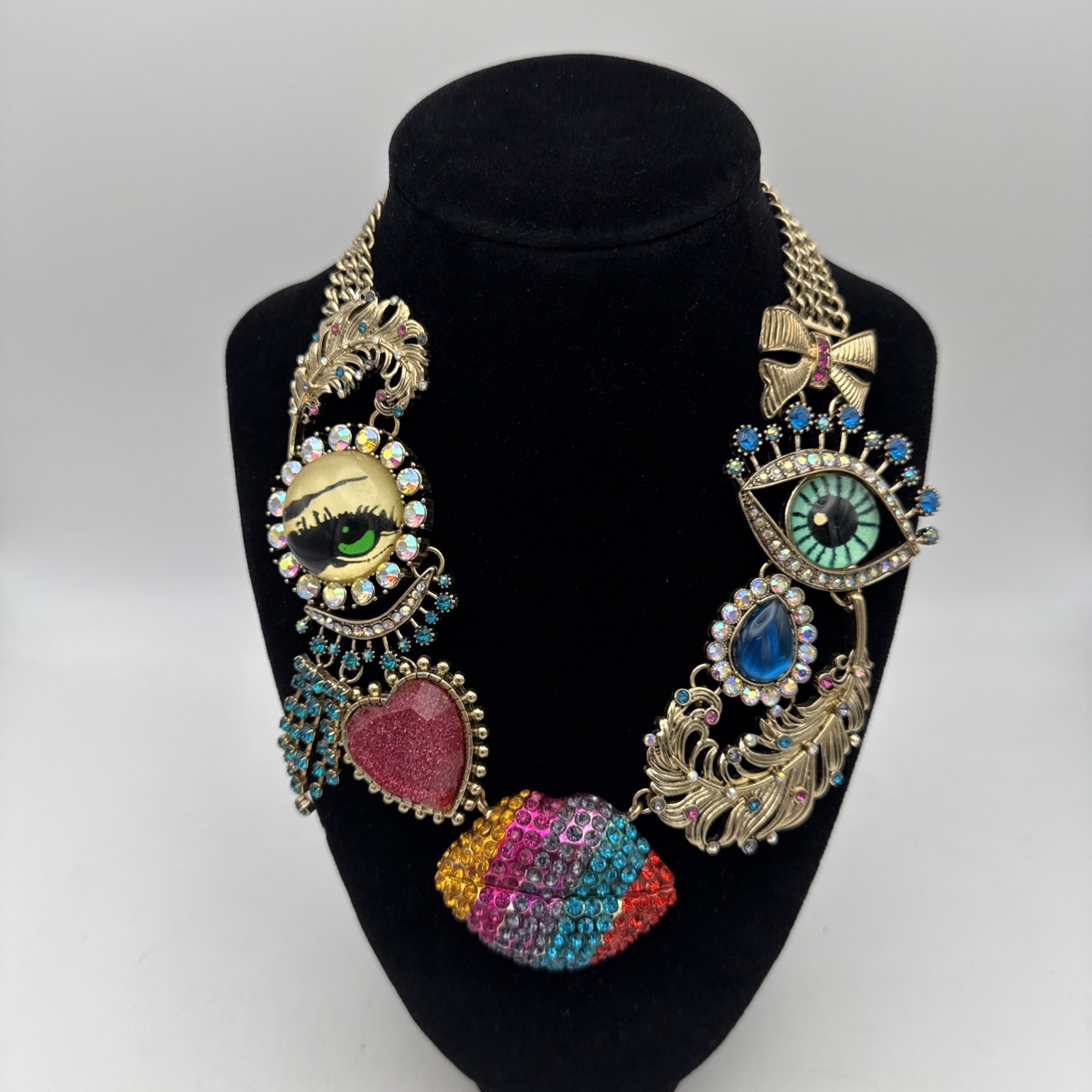 Betsey Johnson Vintage The Eyes Have It Blue Crying Eye Rainbow Lips Necklace