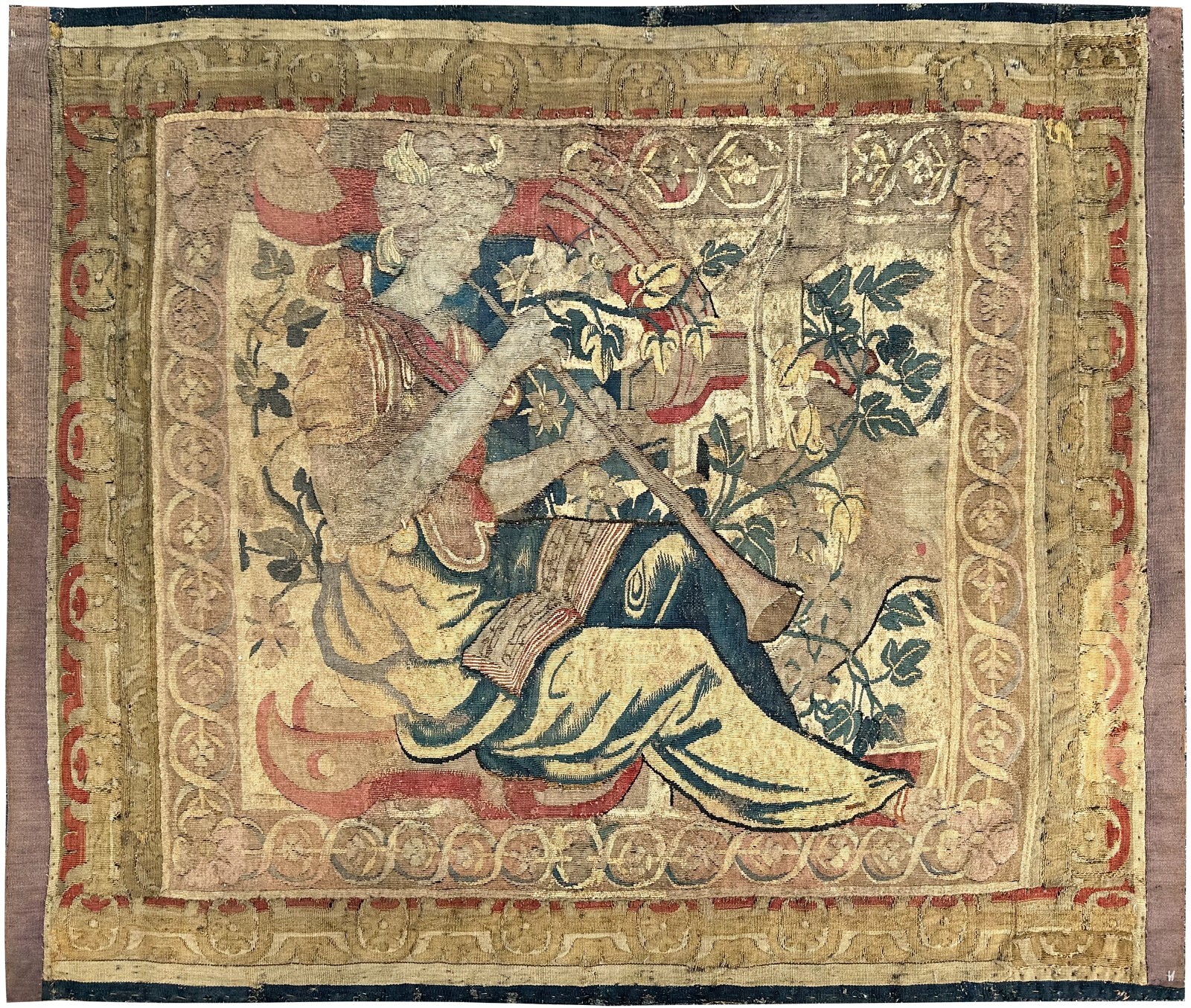 3x4 Antique Flemish Handmade Tapestry Wool & Silk Musical Art Nouveau 17th C.