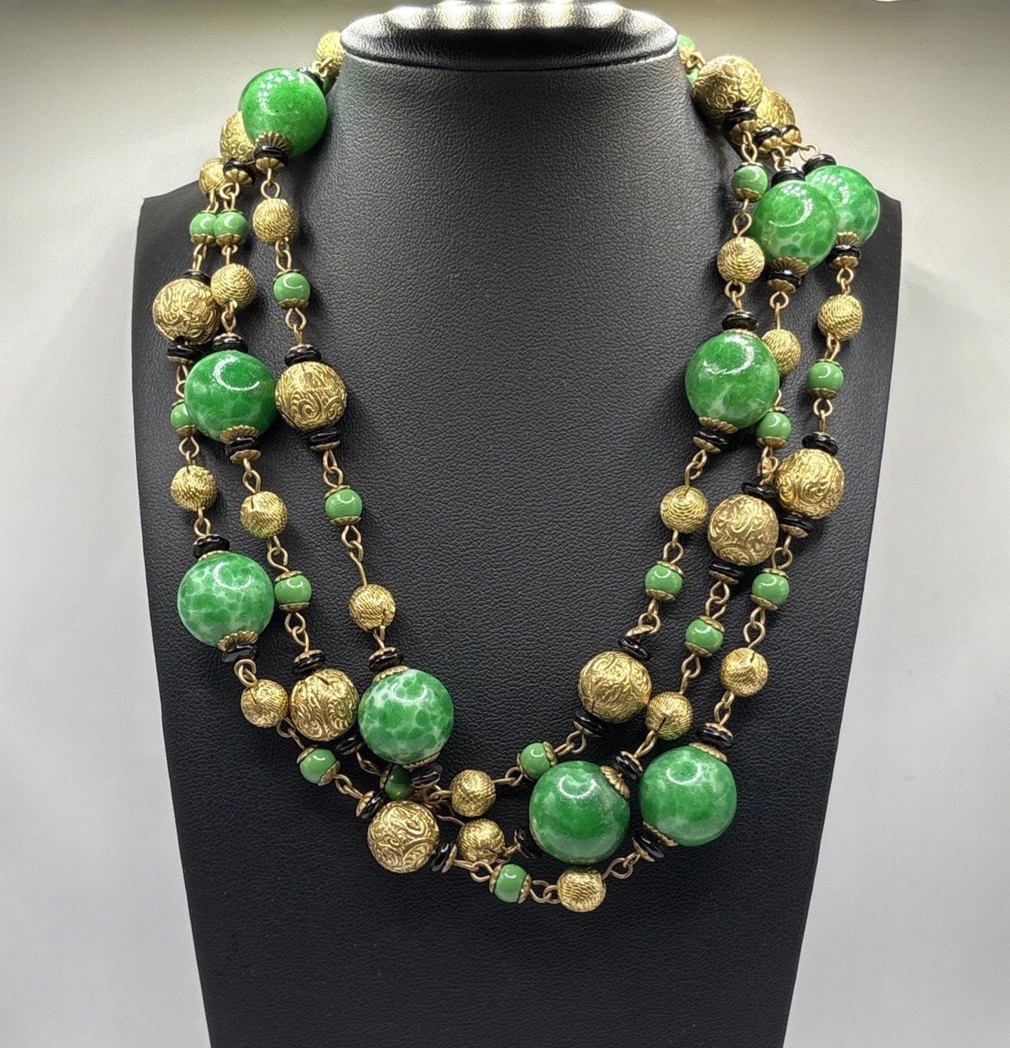 Vintage Louis Rousselet Paris 3 Strand Green Glass Beads Necklace Gold Tone Vintage Louis Rousselet Paris 3 Strand Green Glass Beads Necklace Gold Tone