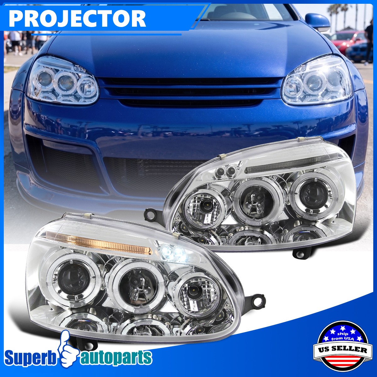 Fits 2006-2008 VW Golf Rabbit Jetta Halo Projector Headlights LED Bar Lamp