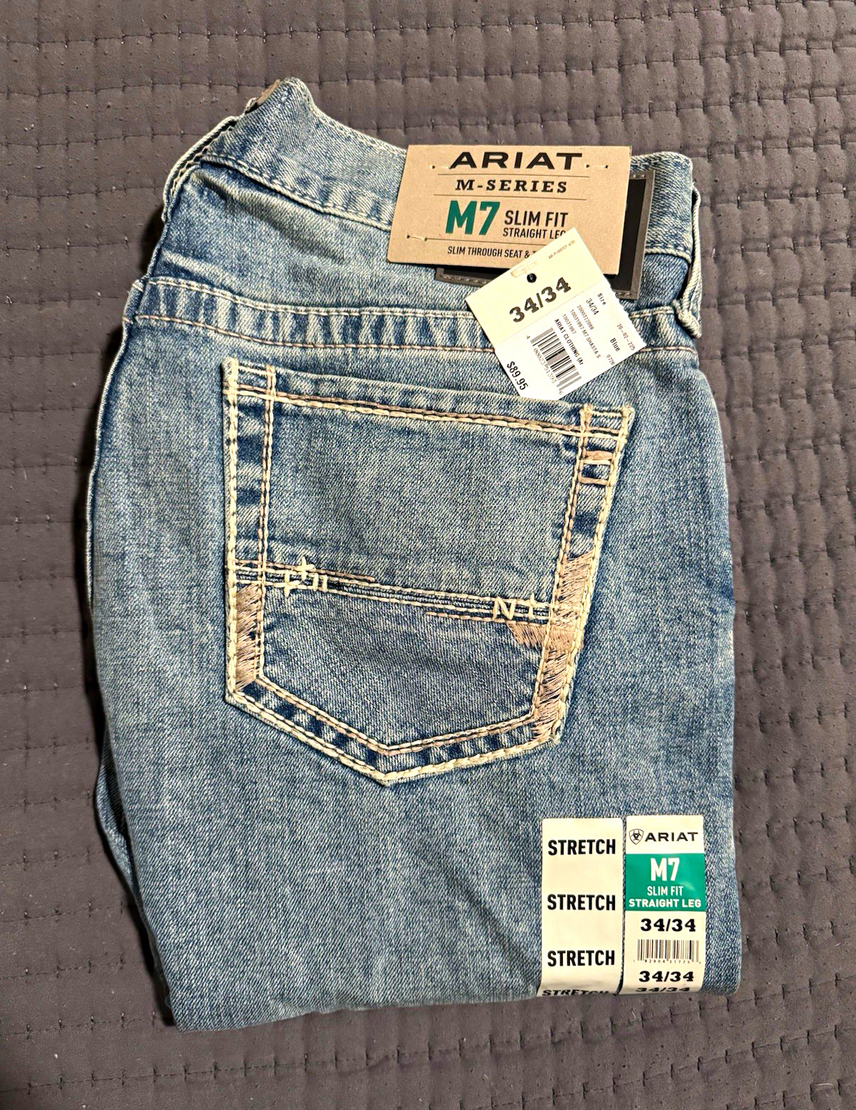 Ariat Men\'s Slim Straight Blue Denim Jeans Light Wash Mid Rise Stretch 5-Pocket