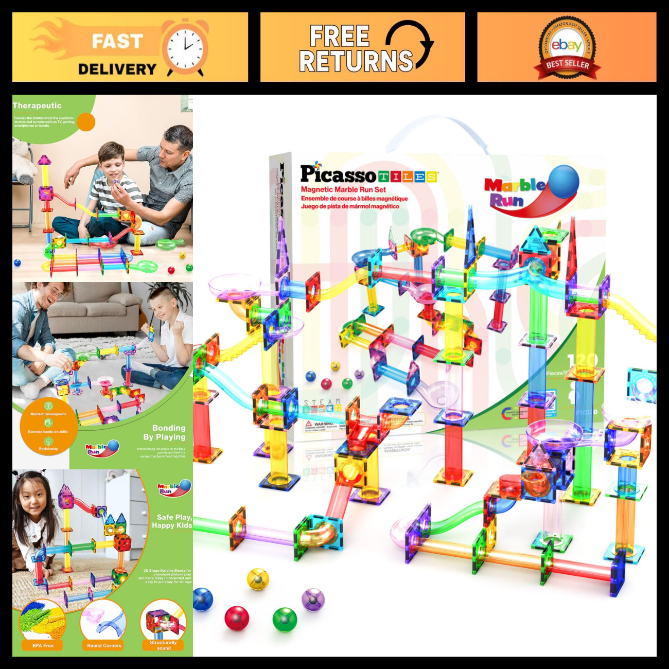 120 PCS Magnetic Tile Marble Run STEM Building Set for Kids Ages 3+ - Creative F 120 PCS Magnetic Tile Marble Run STEM Building Set for Kids Ages 3+ - Creative F