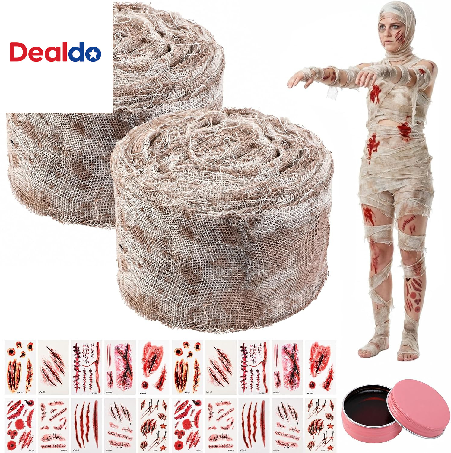 2 Set Halloween Mummy Bandage Wrap, 184 Ft Bloody Gauze Costume Accessories