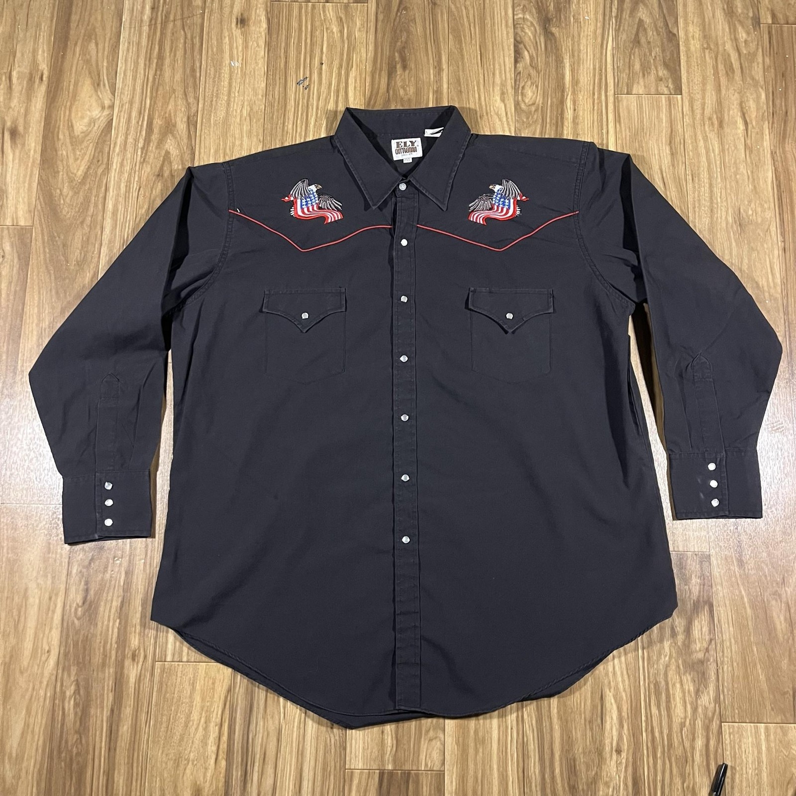 Vintage Ely Cattleman Shirt Mens 2XL Black Western Pearl Snap USA Flag Eagle 90s
