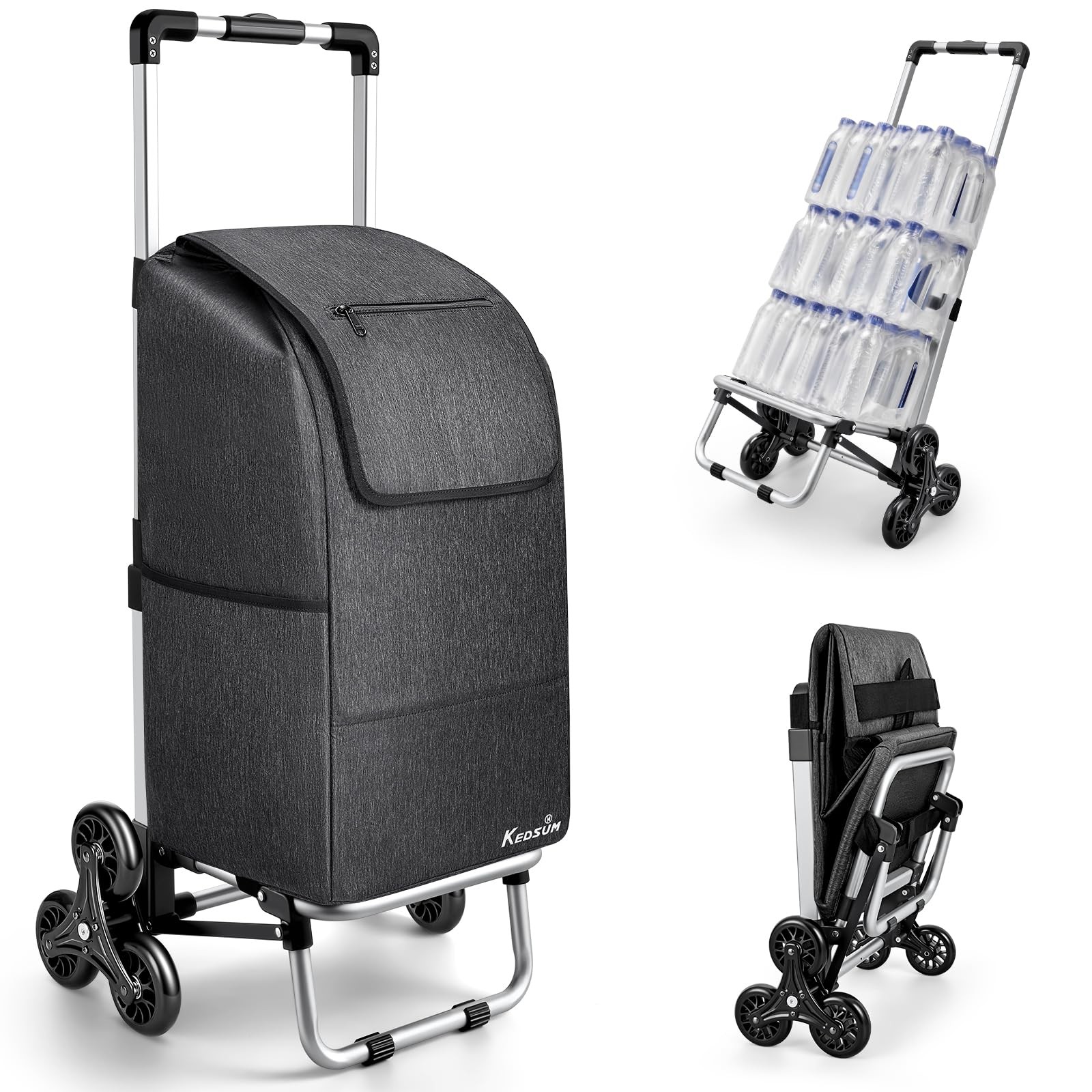KEDSUM 2 in 1 Aluminum Alloy Stair Climbing Cart, 300LBS Grocery Cart Black 