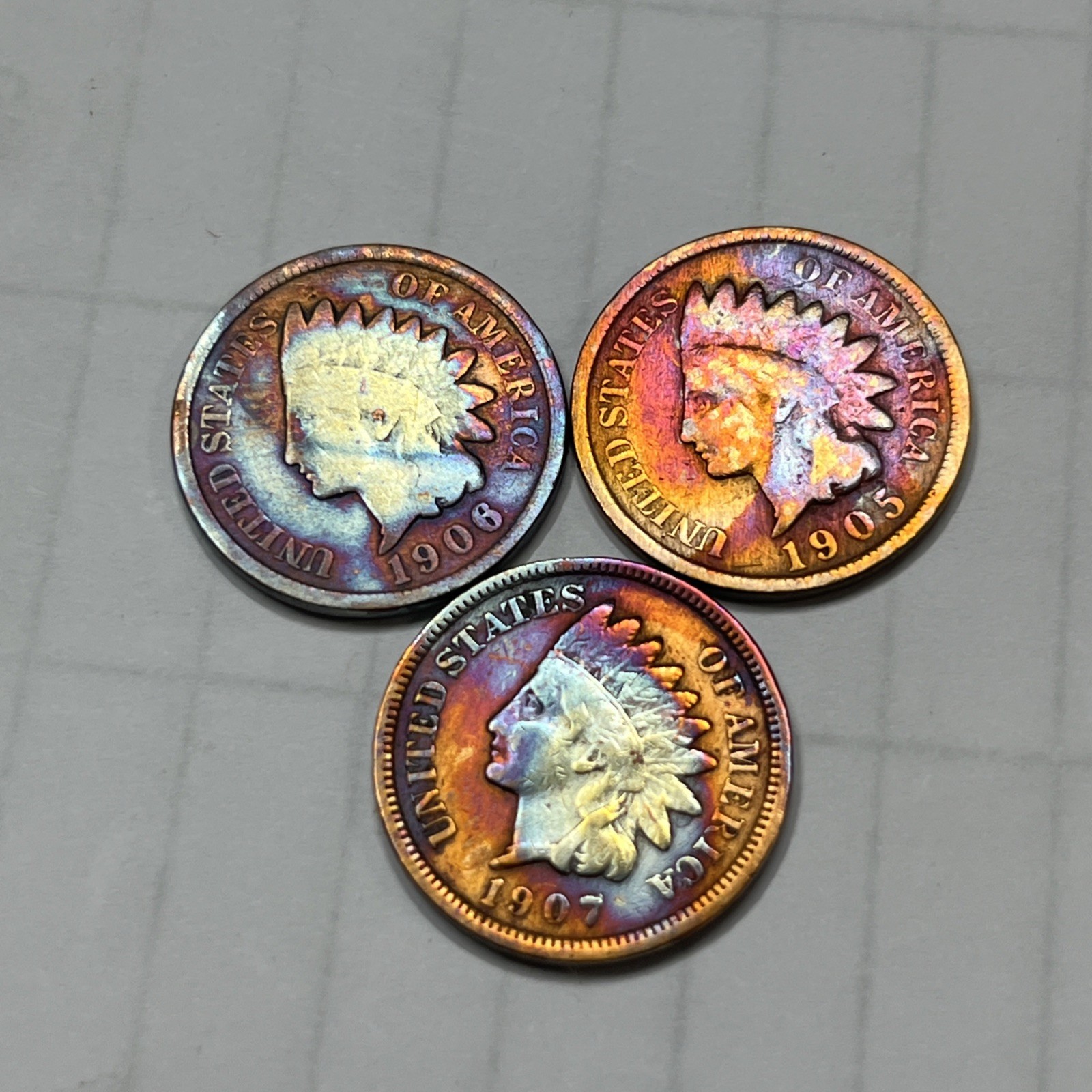 Indian Head Small Cents Lot of 3 (1906, 1905, 1907) P rainbow 🌈 toned lot2 XF Indian Head Small Cents Lot of 3 (1906, 1905, 1907) P rainbow 🌈 toned lot2 XF