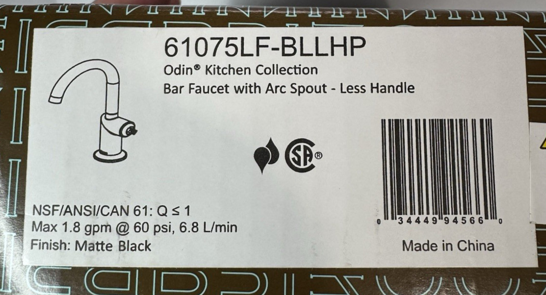 Brizo Odin 61075LF-BLLHP Bar Faucet Matte Black Less Handle NEW