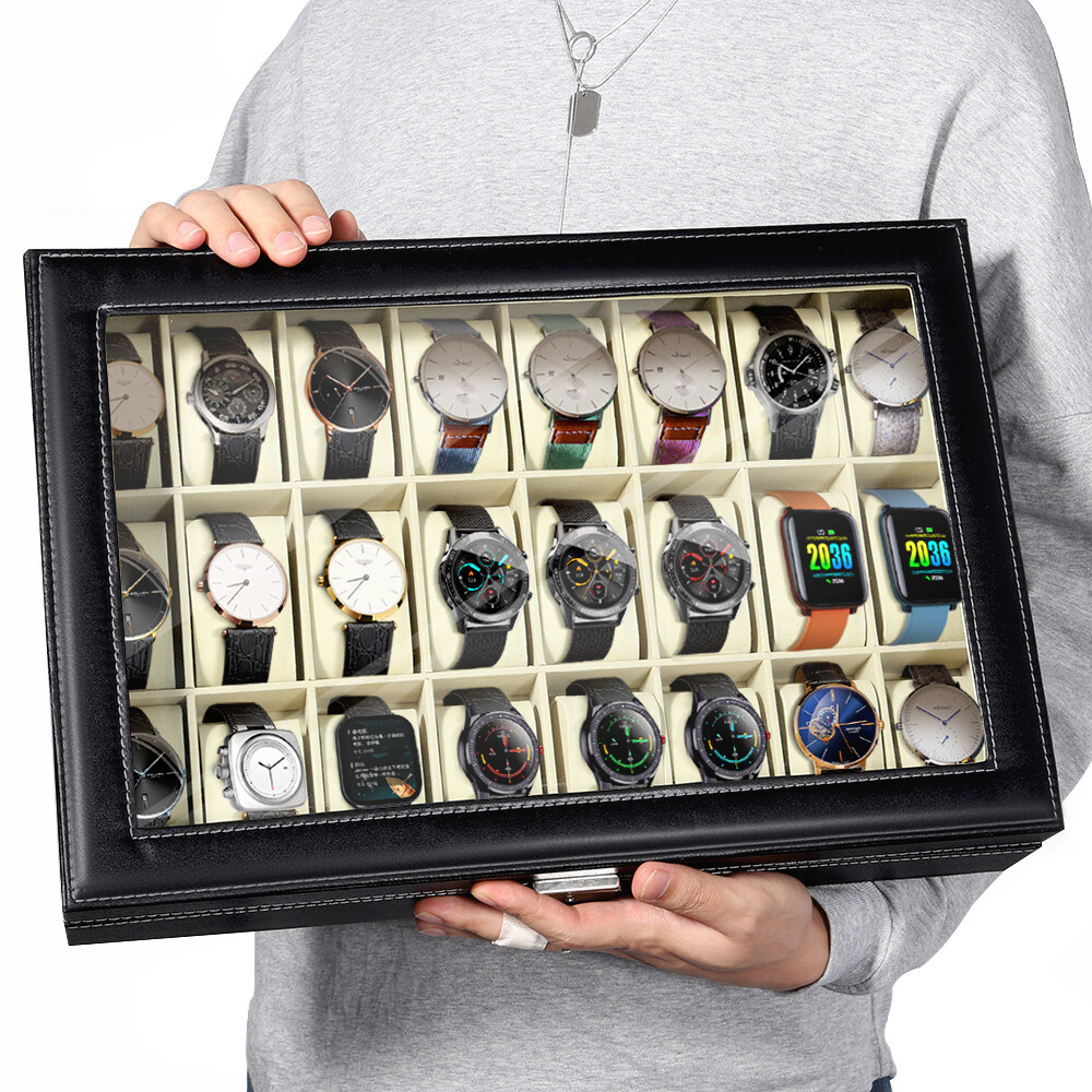 24 Slots Watch Box PU Leather Watch Case Organizer Watch Display Case Lockable