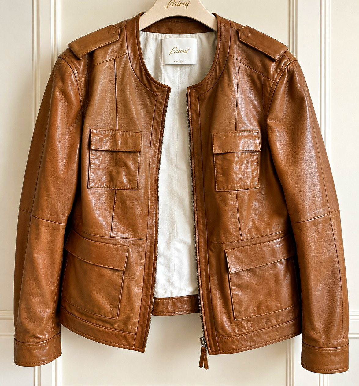 Brioni Men’s Brown Leather Full Zip Jacket Band Collar Size 50 Brioni Men’s Brown Leather Full Zip Jacket Band Collar Size 50