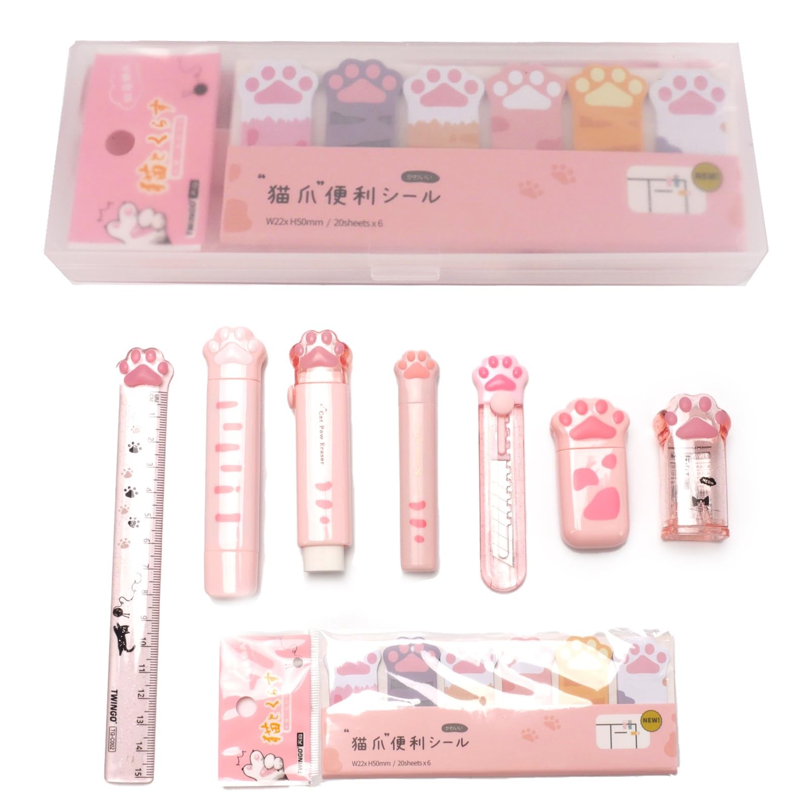 9 Pcs Cute Cat Paw Stationery Set Pencil Sharpener Retractable Eraser Correct...