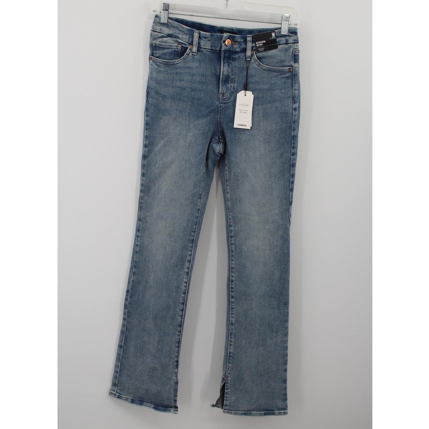 Express Skyscraper Mid Rise Jeans Womens Medium Short Blue Slits NEW