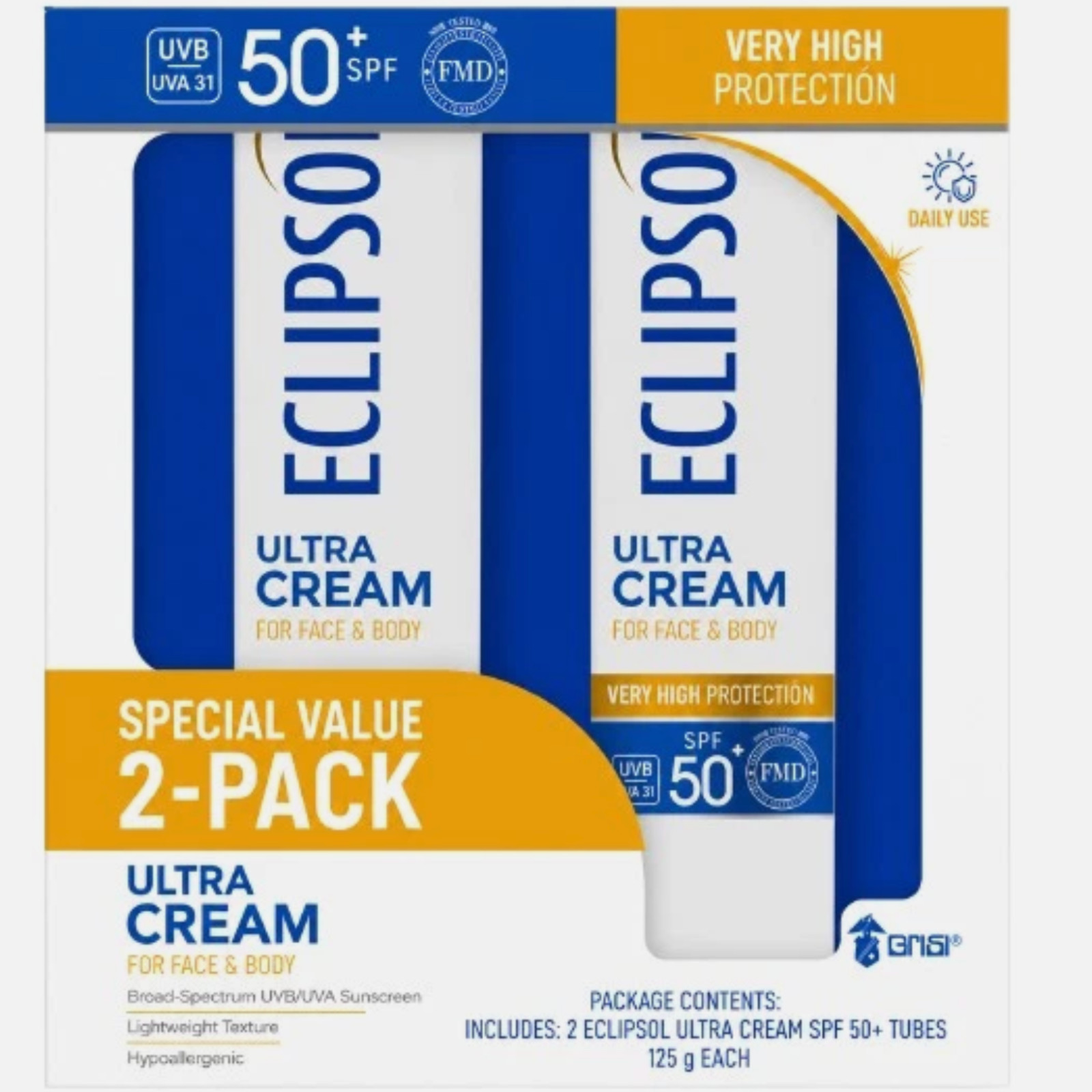 Eclipsol Ultra Sunscreen SPF 50+ Cream 2PACK, Face & Body, Water-Resistant 125g