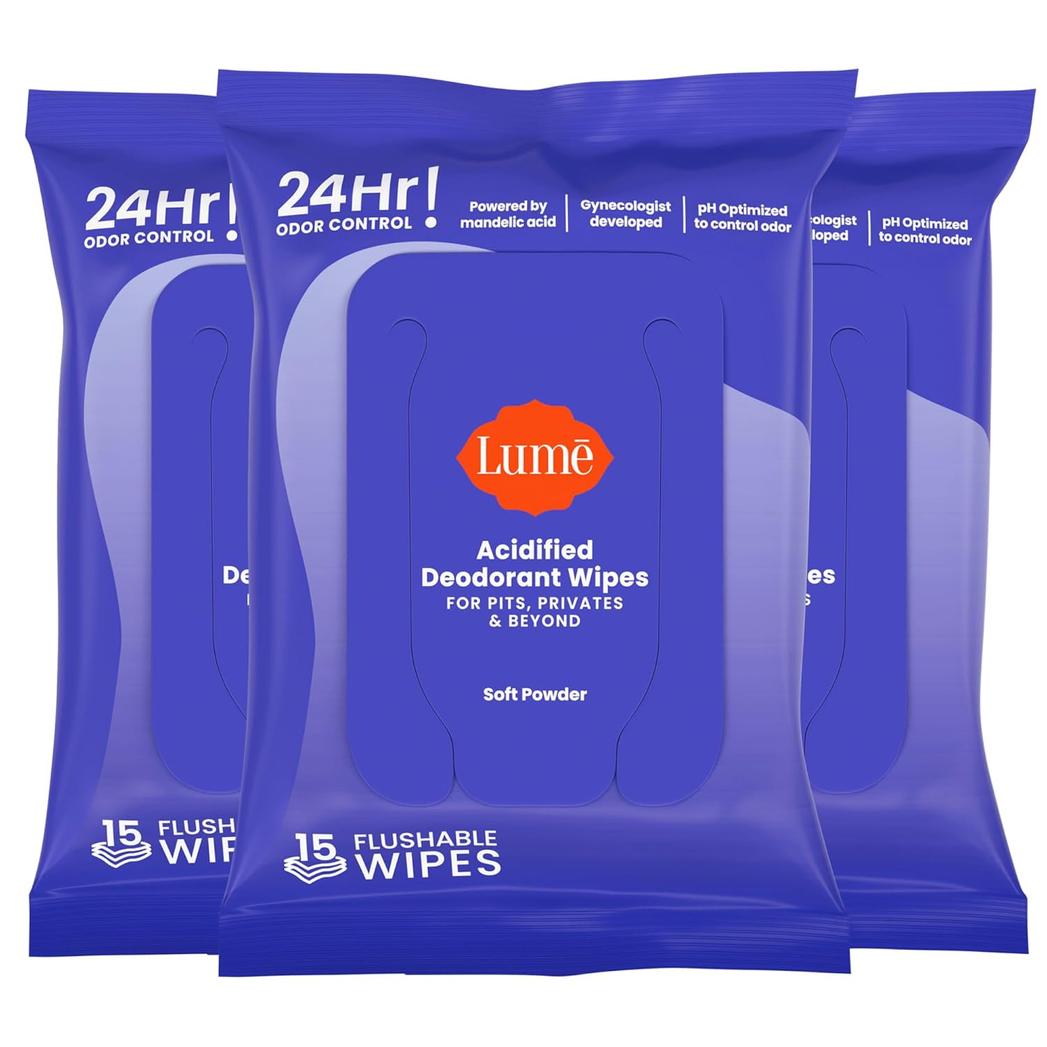 Lume Acidified Deodorant Wipes - 15 Ct, 3 Pk (Soft Powder)