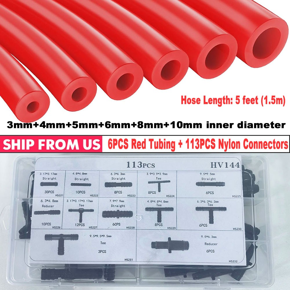 5Ft 6PCS Silicone Vacuum Hose Pipe Automotive+113PCS Vacuum Line Connectors Red
