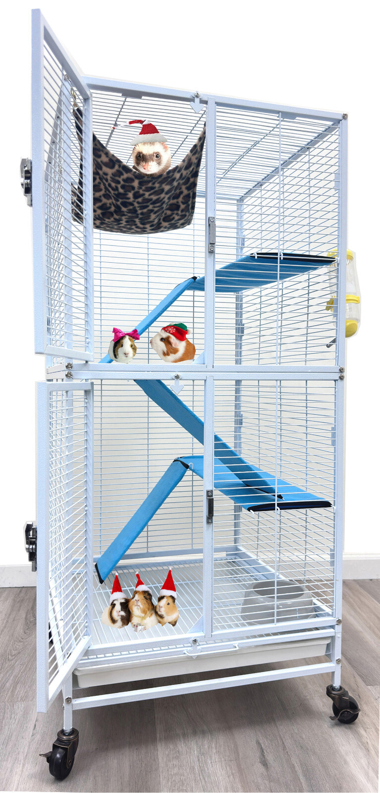 Double Unit 4-Tiers Small Animal Critter Home Cage On Wheels Ferret Hammock Rats