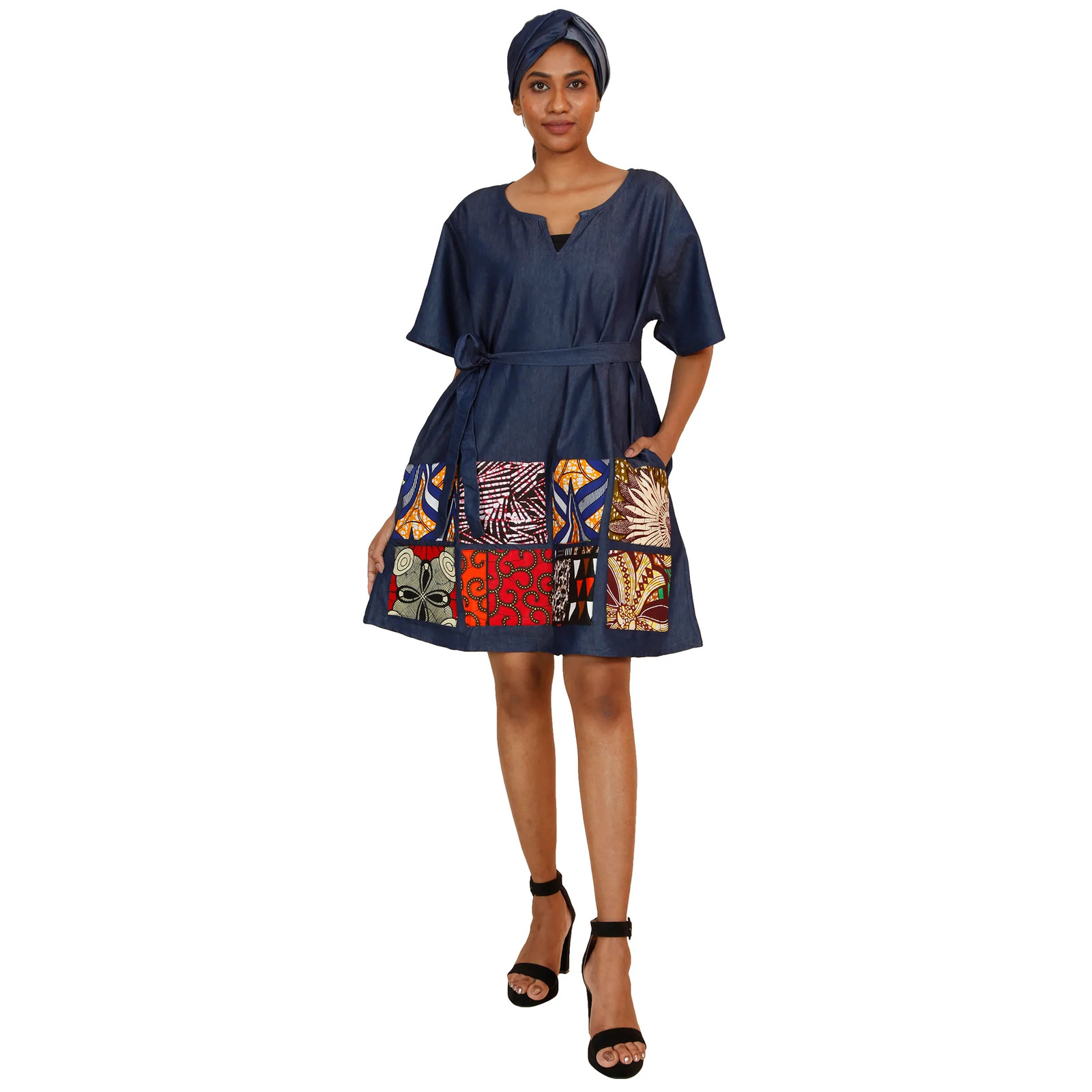 African Women\'s Denim Short Sleeve Patchwork Dress - FI-2072