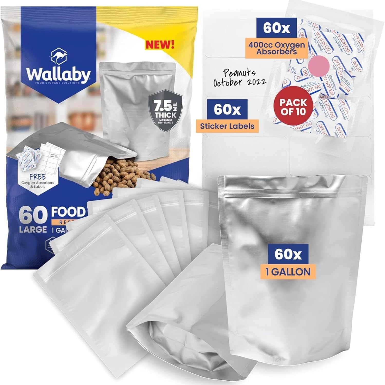 Wallaby 60ct 1-Gallon Gusset Mylar Bags w/ 400cc Oxygen Absorbers Food Storage