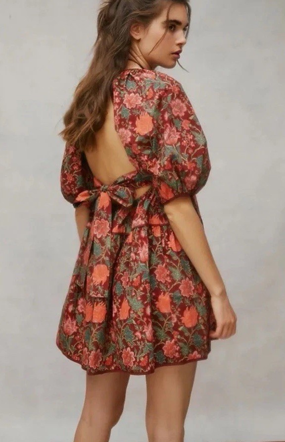Laura Ashley UO Tiered Bella Floral Red Pink Open Back Mini Dress Sz Small NWOT