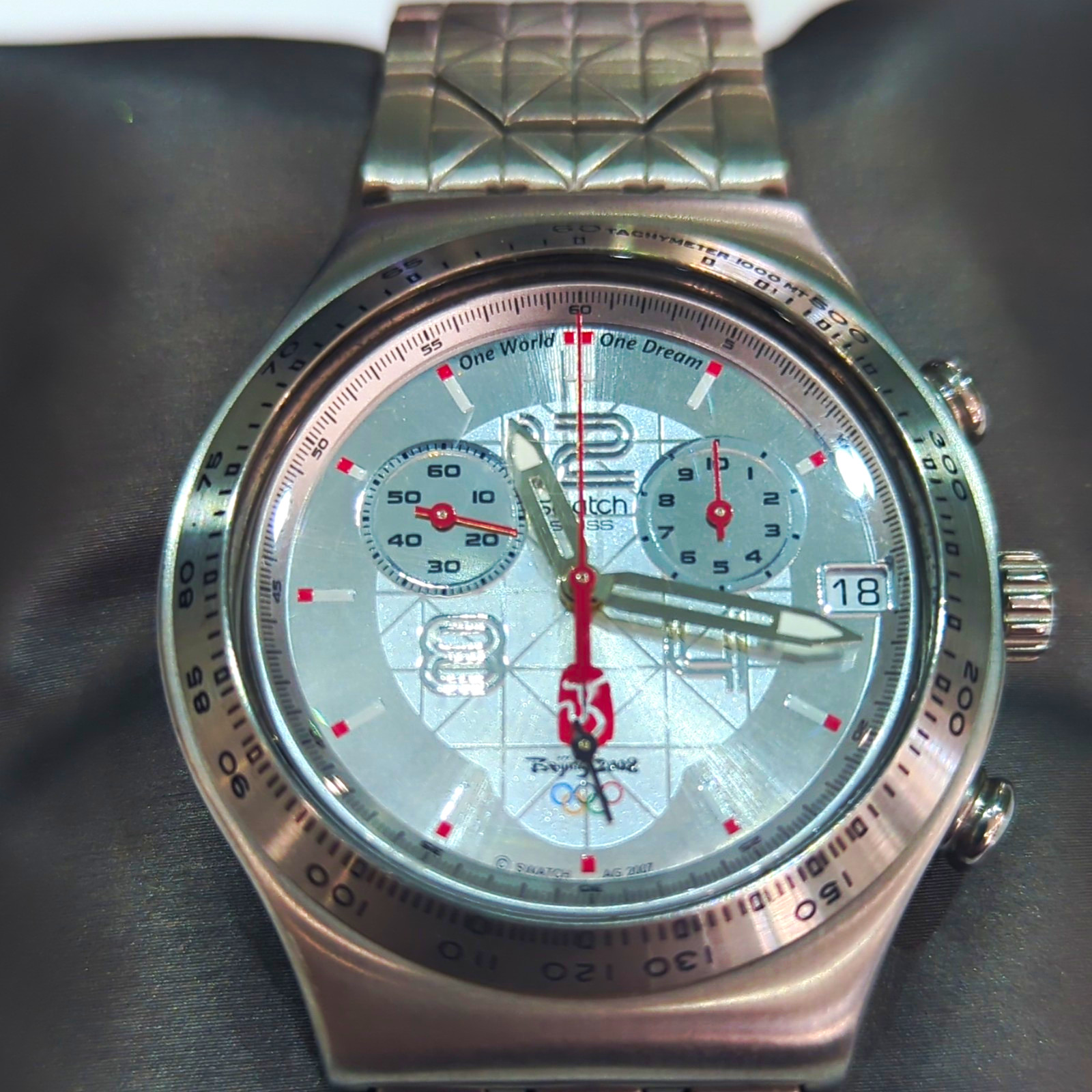 Swatch Irony Chronograph Quartz Olympic Silver Dial Date Tachymeter 100m