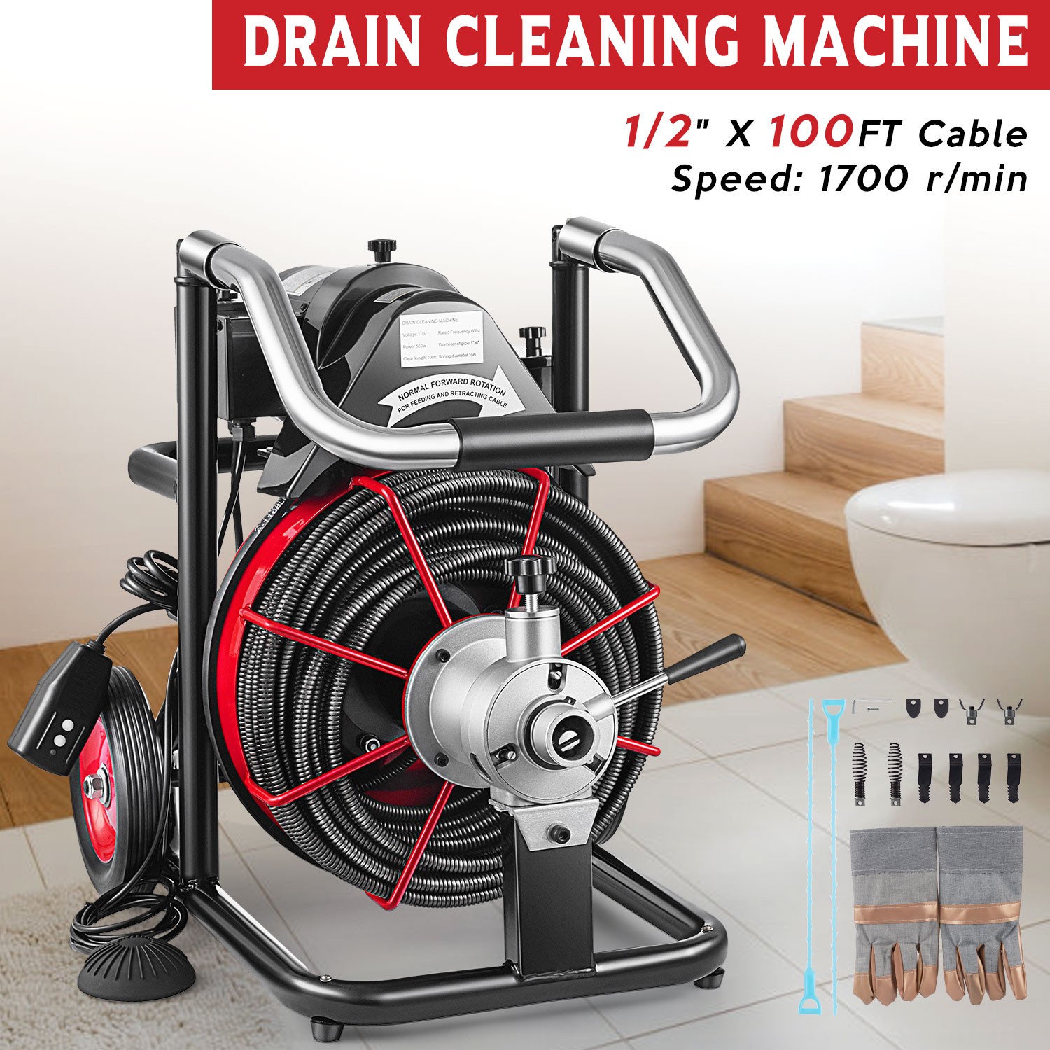 Auto Feed Drain Auger Cleaner Electric 100' x 1/2