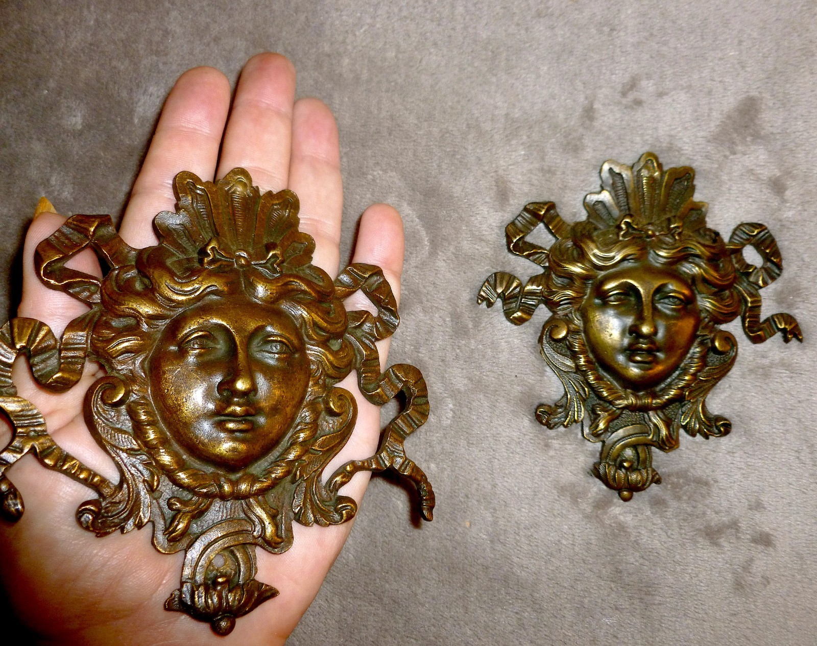 Two Antique French Louis XIV Style  Brass  Mascaron Furniture Mounts Sun Gods