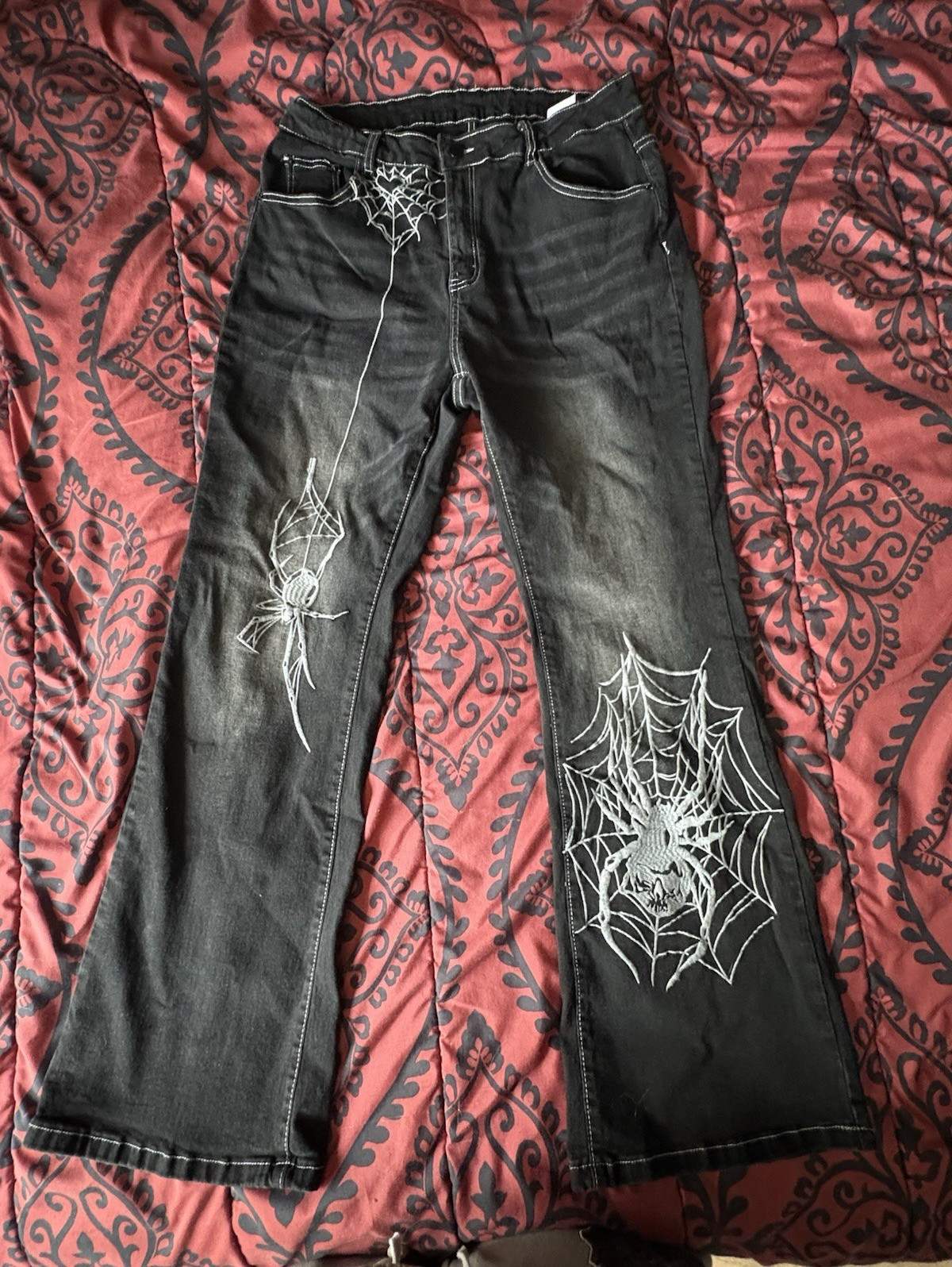 ROMWE Women’s Black Dark Wash Denim Bootcut Jeans Embroidered Spiderweb 1XL ROMWE Women’s Black Dark Wash Denim Bootcut Jeans Embroidered Spiderweb 1XL